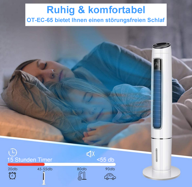 Mutter und Kind schlafen mit einem hohen Luftreiniger. Text besagt, dass der Reiniger ungestörten Schlaf bietet.