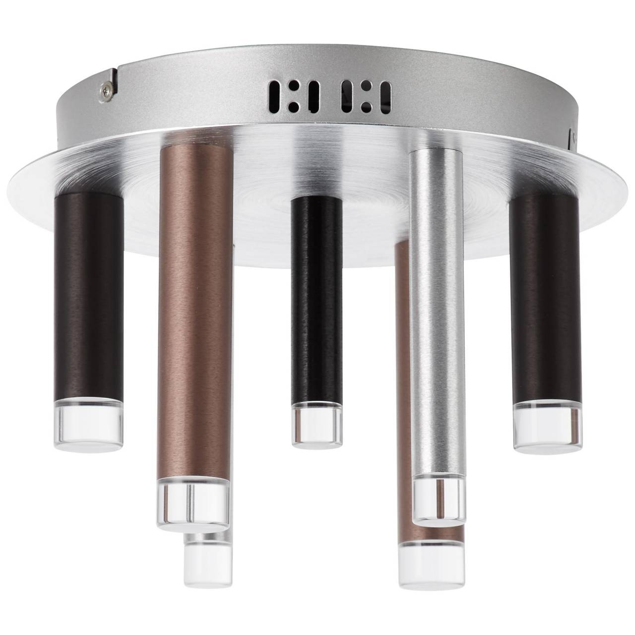Eine silberne Deckenlampe mit sechs zylindrischen Lichtern. Die Lichter sind in Braun, Schwarz und Silber gehalten.