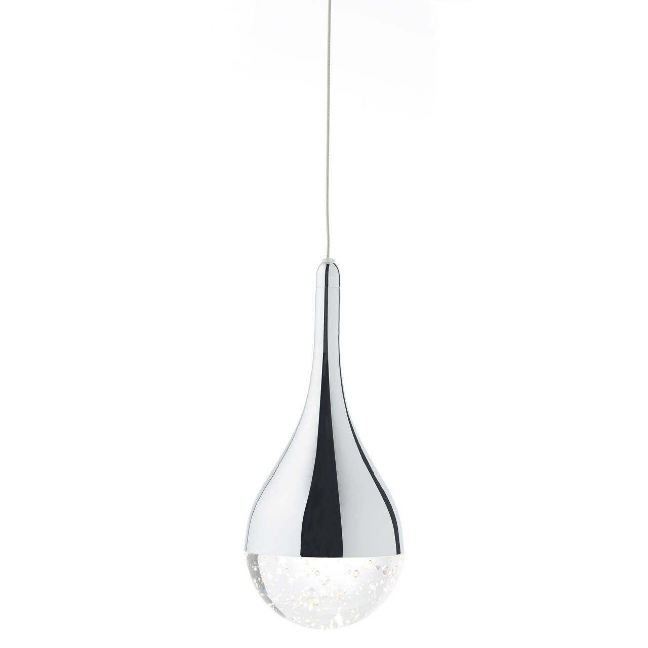 Eine tropfenförmige Pendelleuchte aus Chrom mit einer Glaskugel am Boden.