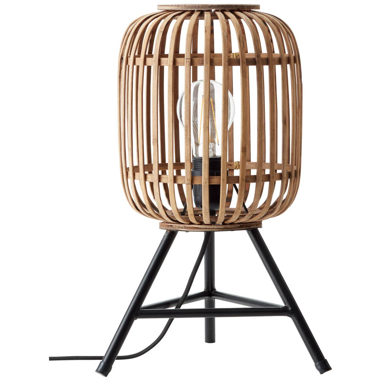 Eine Holzlaterne mit einer Glühbirne darin. Sie hat einen schwarzen Metallsockel. Weißer Hintergrund.