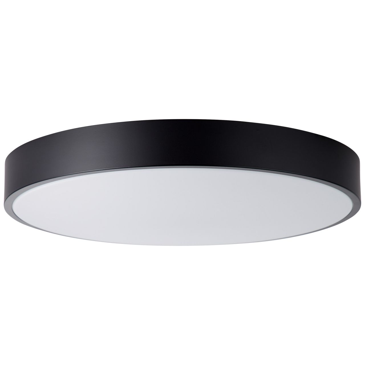 Runde schwarze Deckenleuchte mit weißer Mitte. Einfaches, modernes Design für die Innenbeleuchtung.