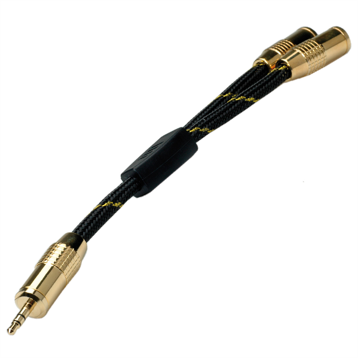 Goldenes und schwarzes Audiokabel mit 3,5-mm-Klinke und zwei Cinch-Anschlüssen. Weißer Hintergrund.
