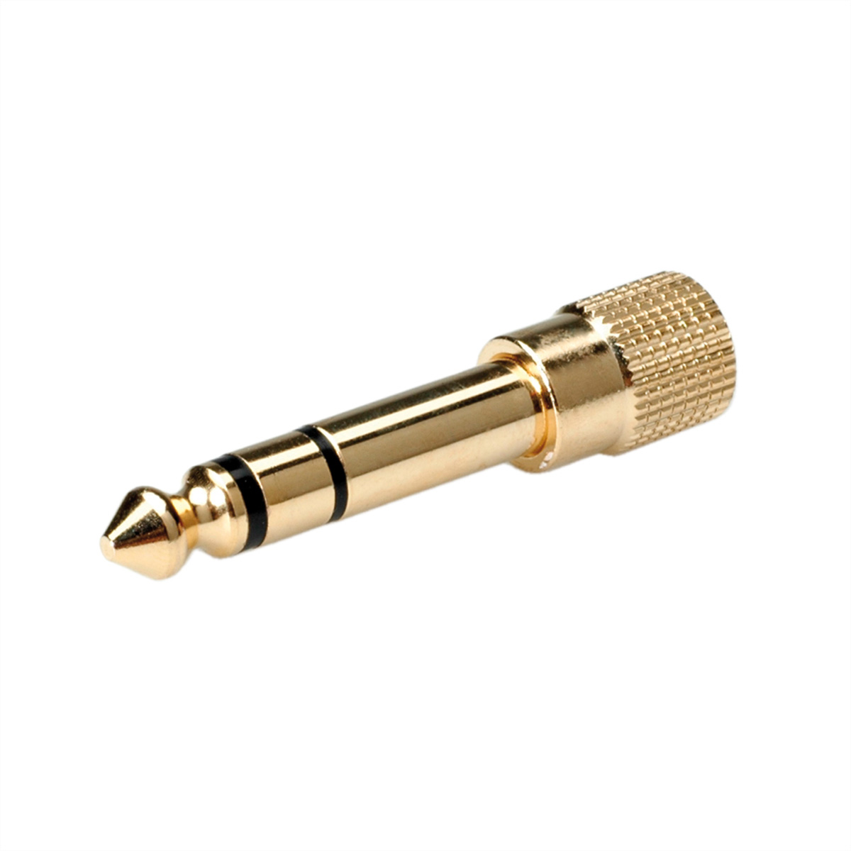 Adaptateur audio doré 3,5 mm vers 6,35 mm. Isolé sur fond blanc.