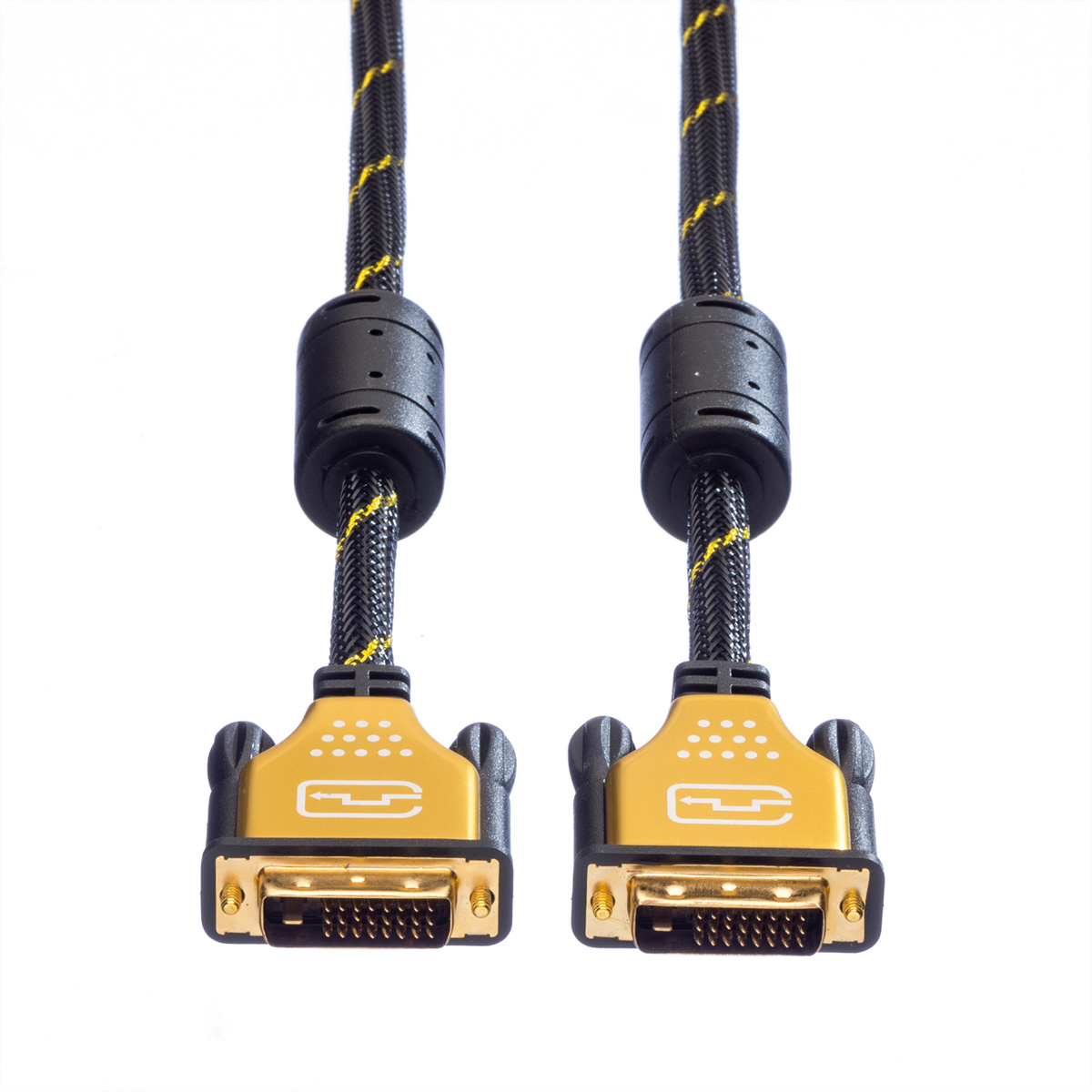 Zwei DVI-Kabel mit goldenen Steckern und schwarz-gelben geflochtenen Drähten auf weißem Hintergrund.