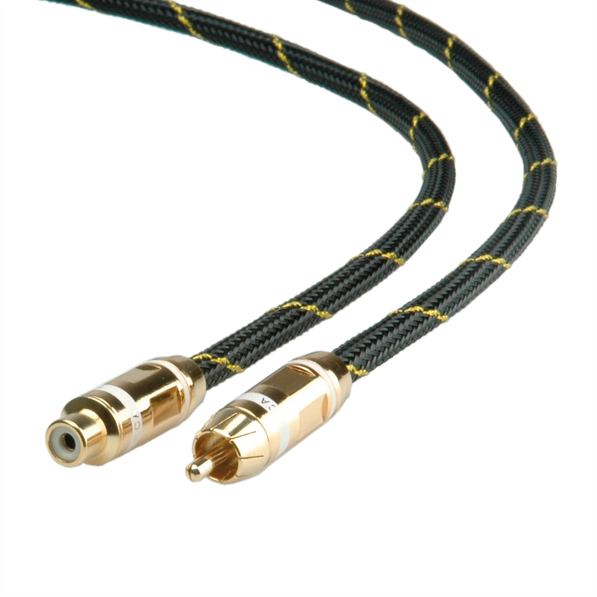 Zwei schwarze und goldene Audiokabel mit Stecker und Buchse.