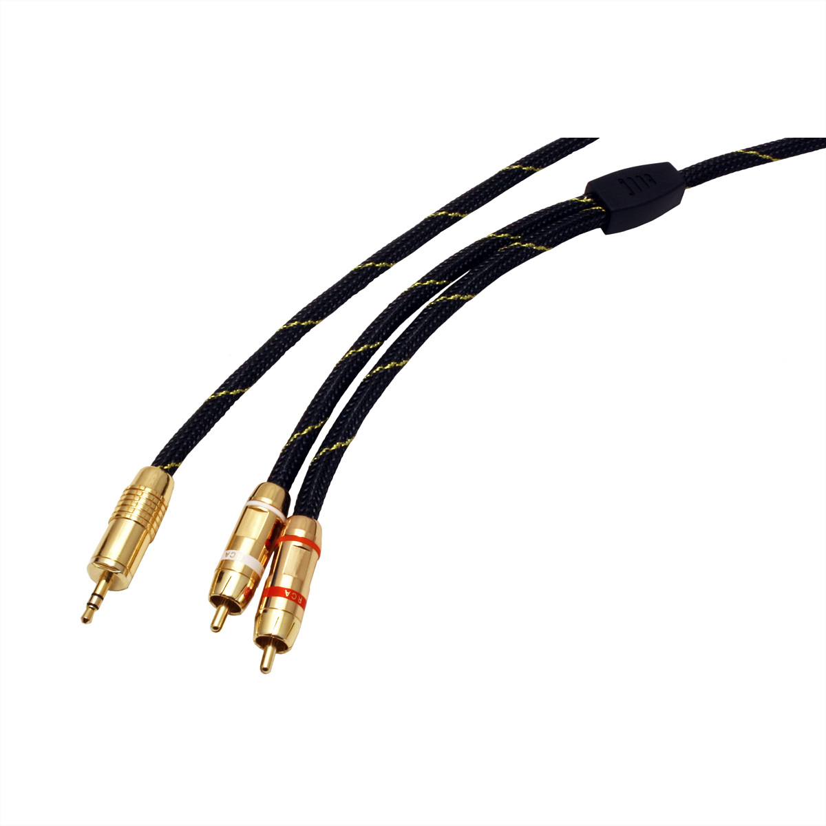 Gold- und schwarze Audiokabel mit drei Anschlüssen. Die Kabel liegen auf weißem Hintergrund.