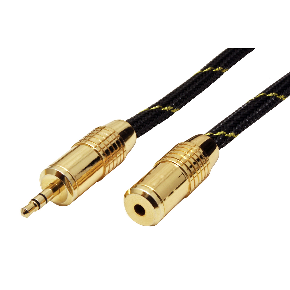 Goldenes Audiokabel mit schwarzem geflochtenem Kabel, zwei Enden mit verschiedenen Steckern.