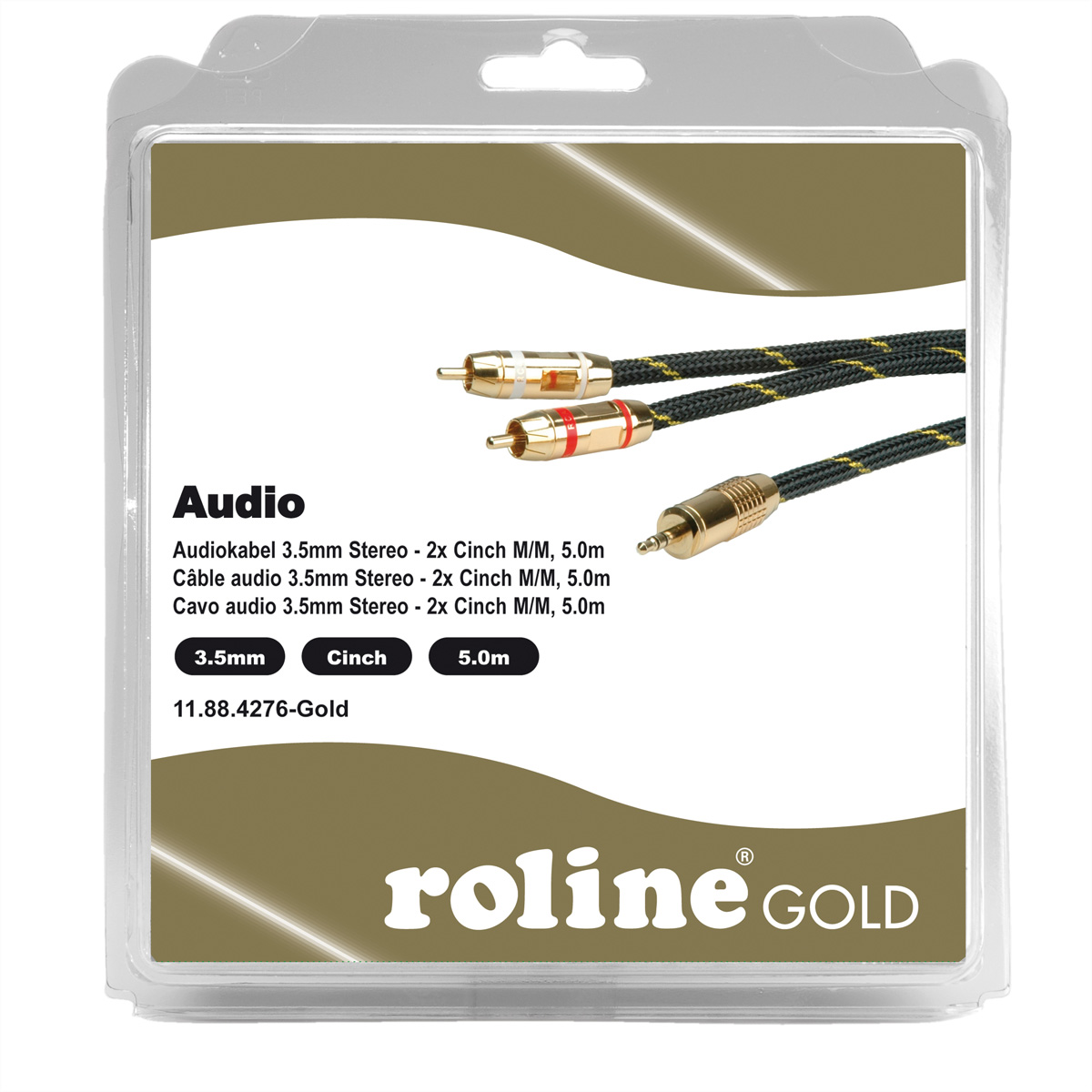Eine Kunststoffverpackung mit Audiokabeln, mit 3,5-mm- und Cinch-Anschlüssen.