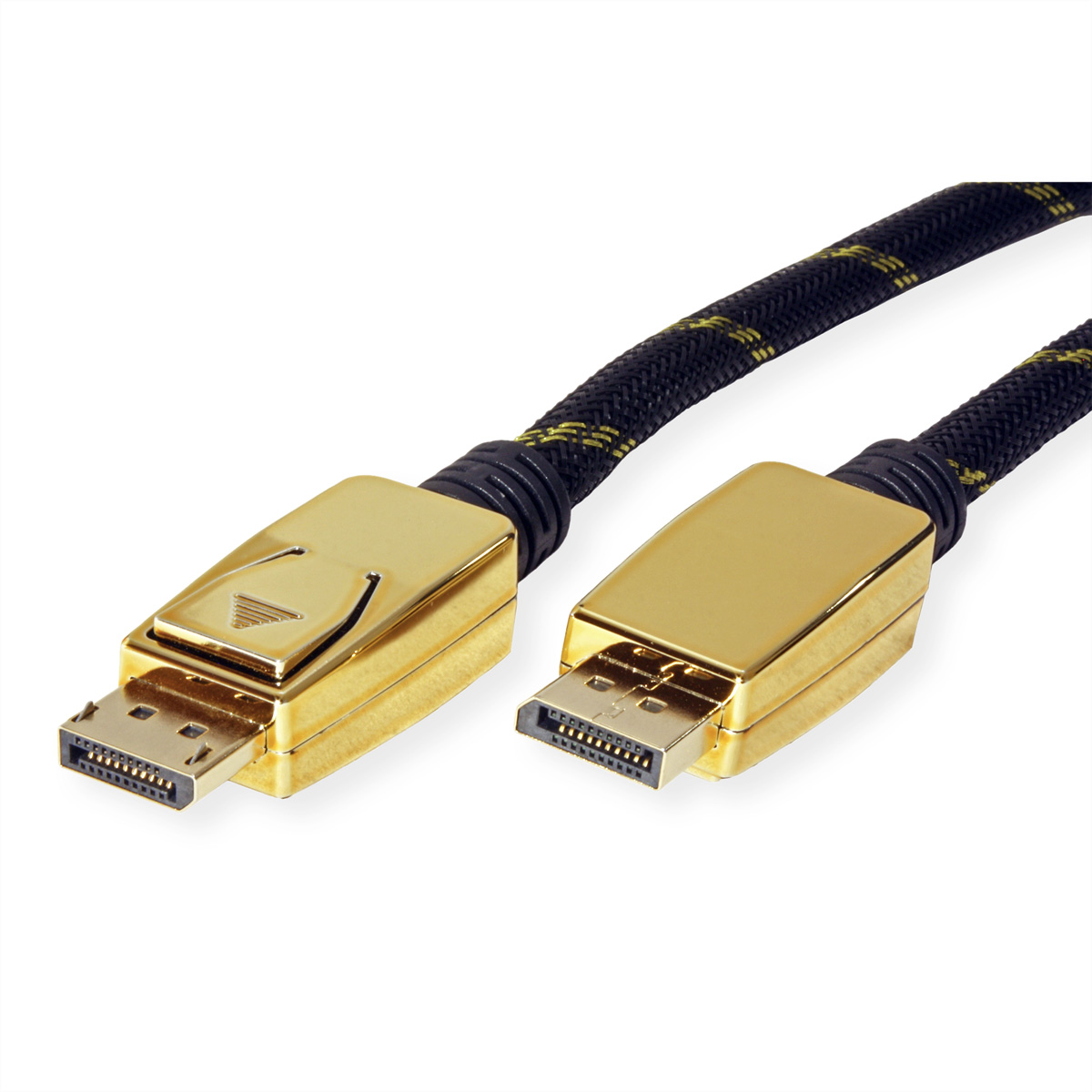 Câble DisplayPort or et noir avec connecteurs dorés. Fond blanc.