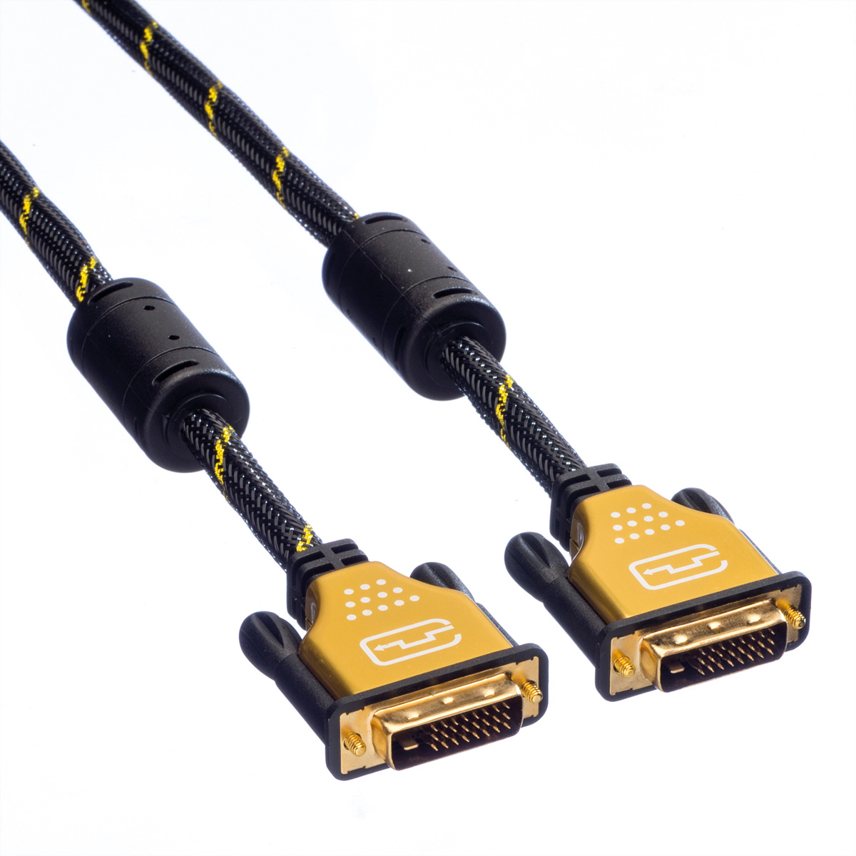 Zwei schwarze und gelbe DVI-Kabel mit Goldsteckern auf weißem Hintergrund.