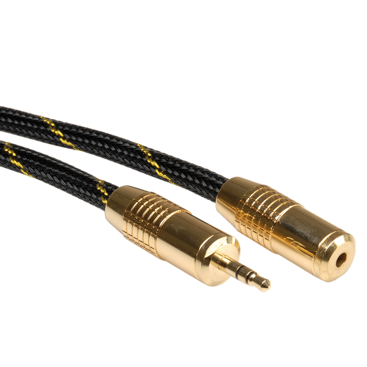 Goldenes und schwarzes Audiokabel mit 3,5-mm-Klinke und Buchsen.