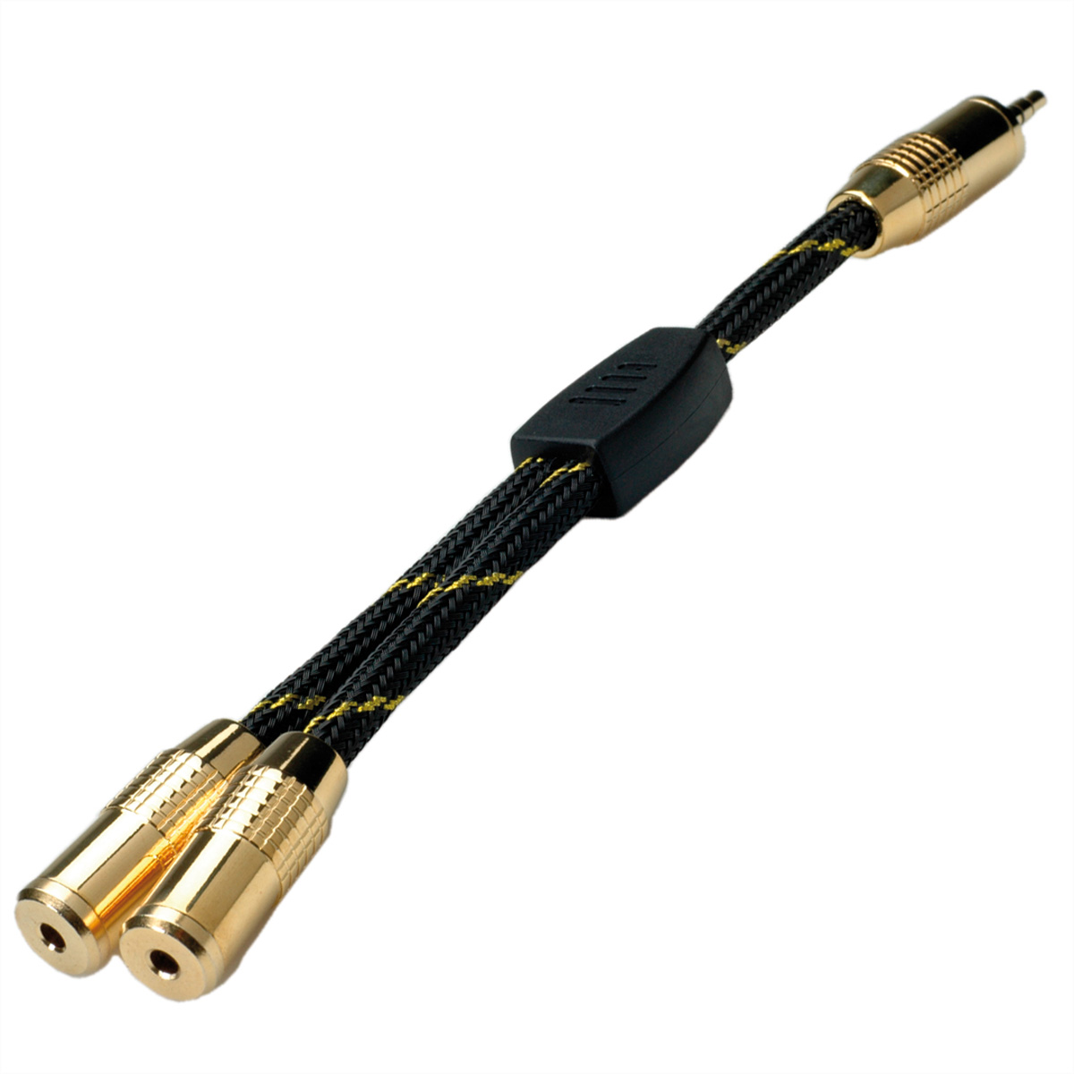 Ein gold-schwarzes RCA-Audiokabel. Es hat zwei goldene Stecker an einem Ende und einen schwarzen am anderen.