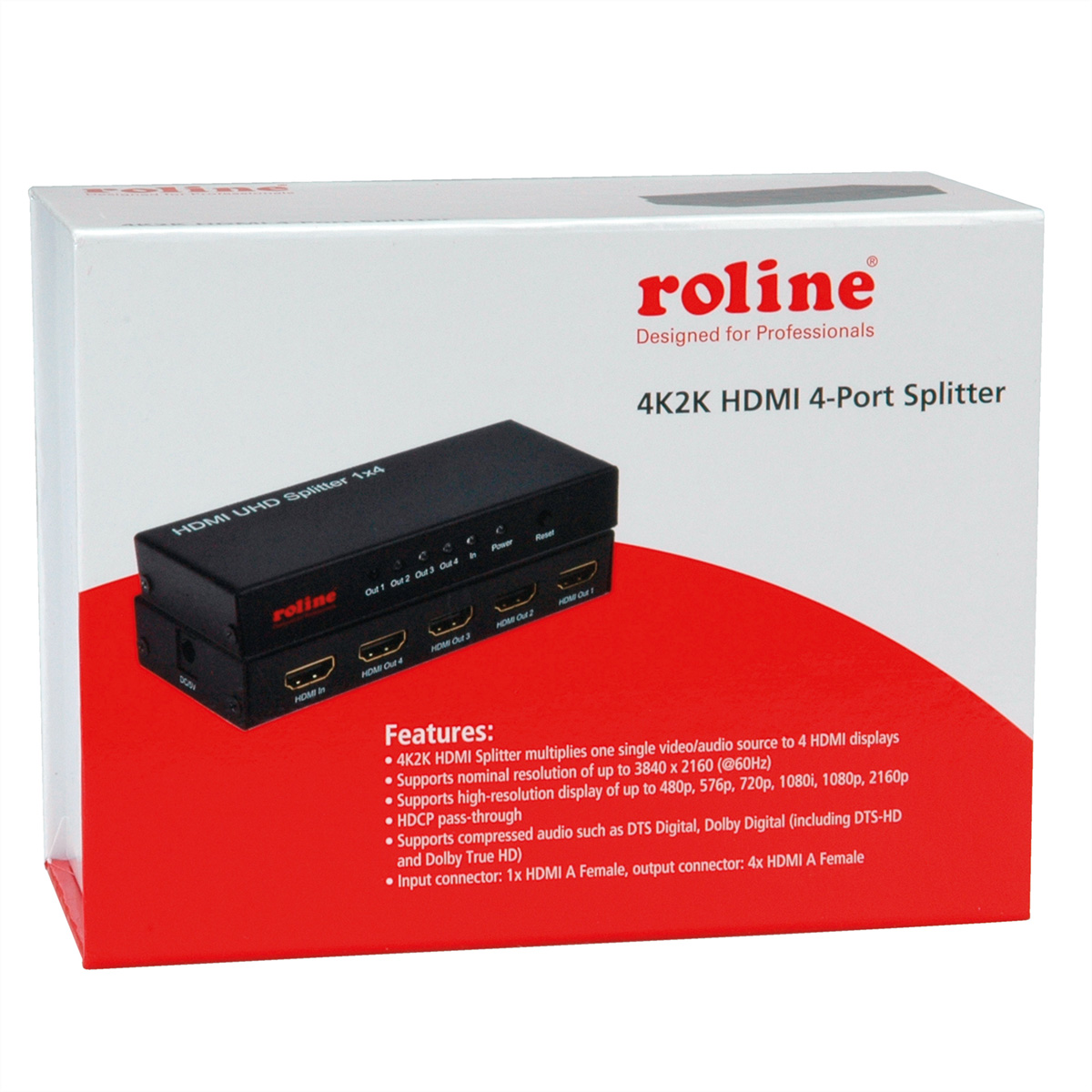 Eine weiße Box mit einem schwarzen HDMI-Splitter. Funktionen und Spezifikationen sind auf der Box aufgeführt.