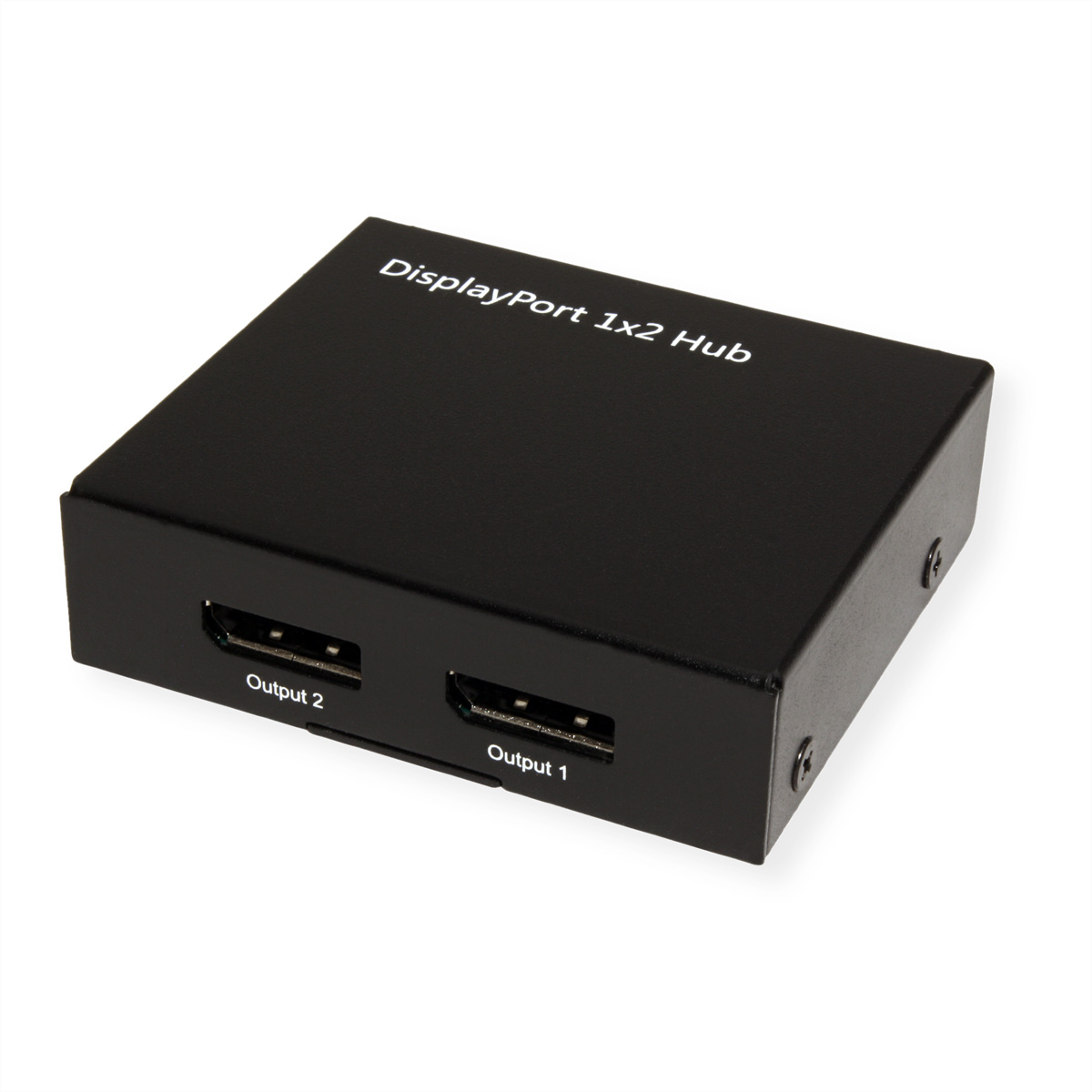 Hub DisplayPort 1x2 noir avec deux ports de sortie HDMI et le texte 'DisplayPort 1x2 Hub'.