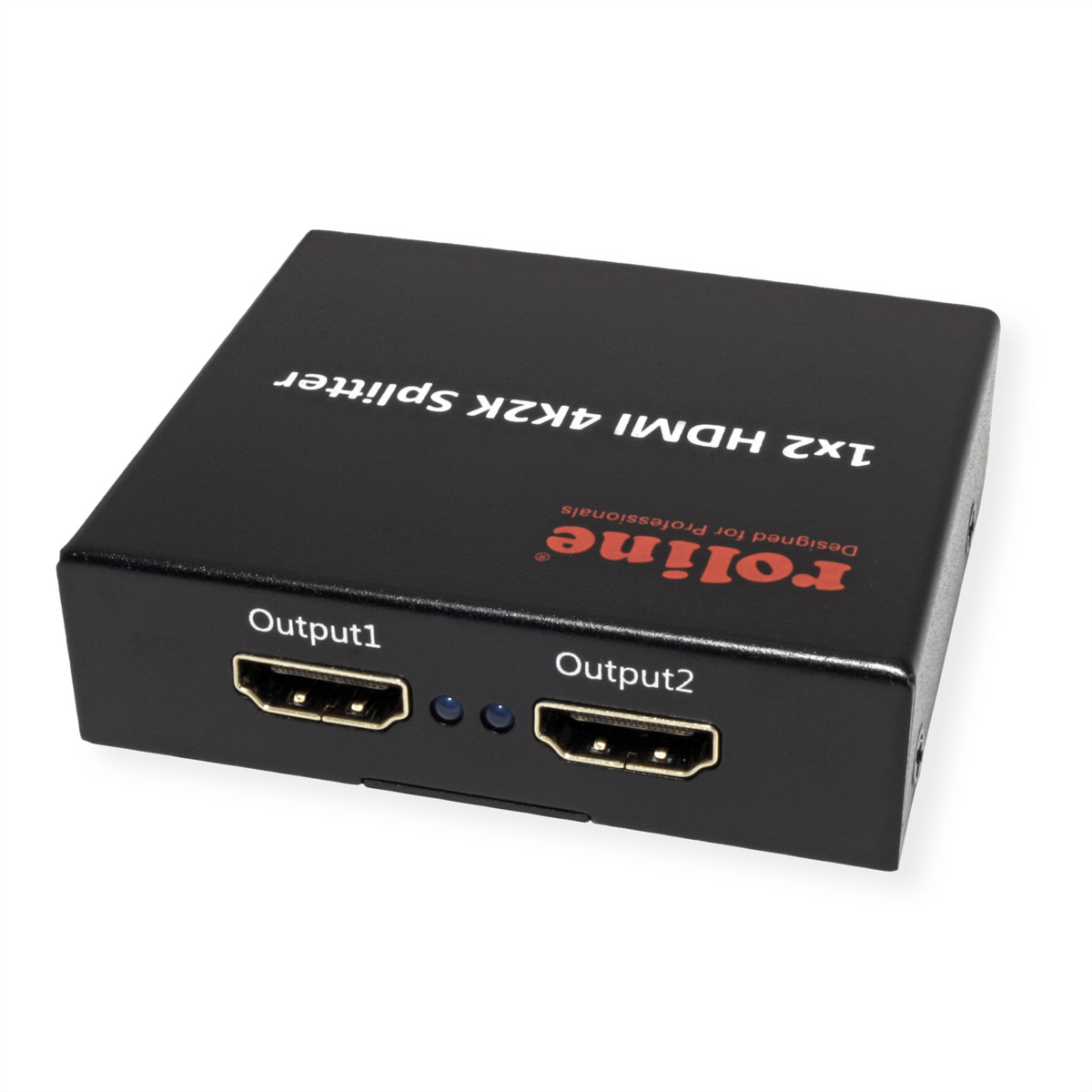 Schwarzer HDMI-Splitter mit 2 Ausgängen. Beschriftet 'roline' und '4K 2K'.