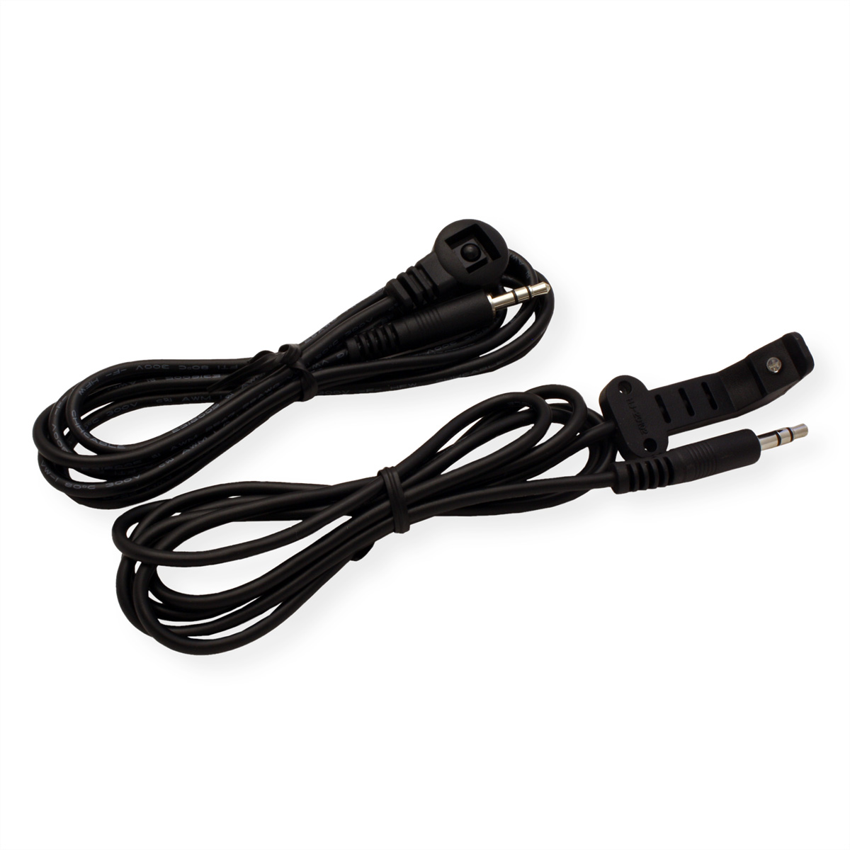 Zwei schwarze Kabel mit 3,5-mm-Klinken. Der Hintergrund ist weiß.