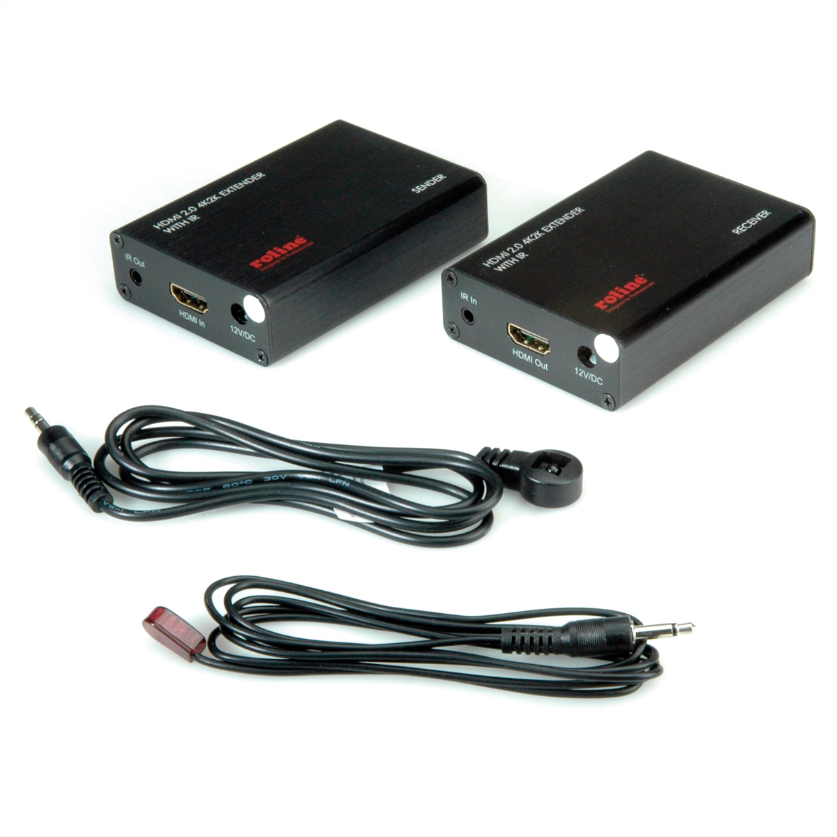 Zwei schwarze HDMI-Extender mit Kabeln auf weißem Hintergrund.