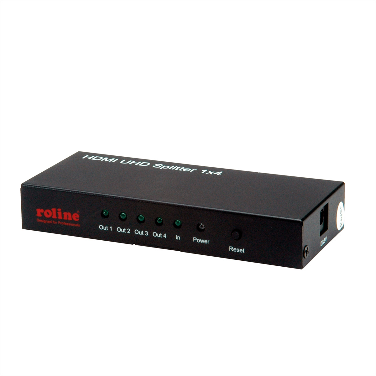Ein schwarzer HDMI UHD-Splitter mit mehreren Ausgängen und einem Stromeingang.