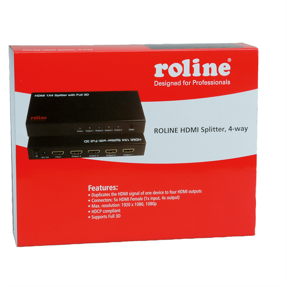 Scatola rossa con splitter HDMI nero. Testo: 'roline'. Le caratteristiche sono elencate.