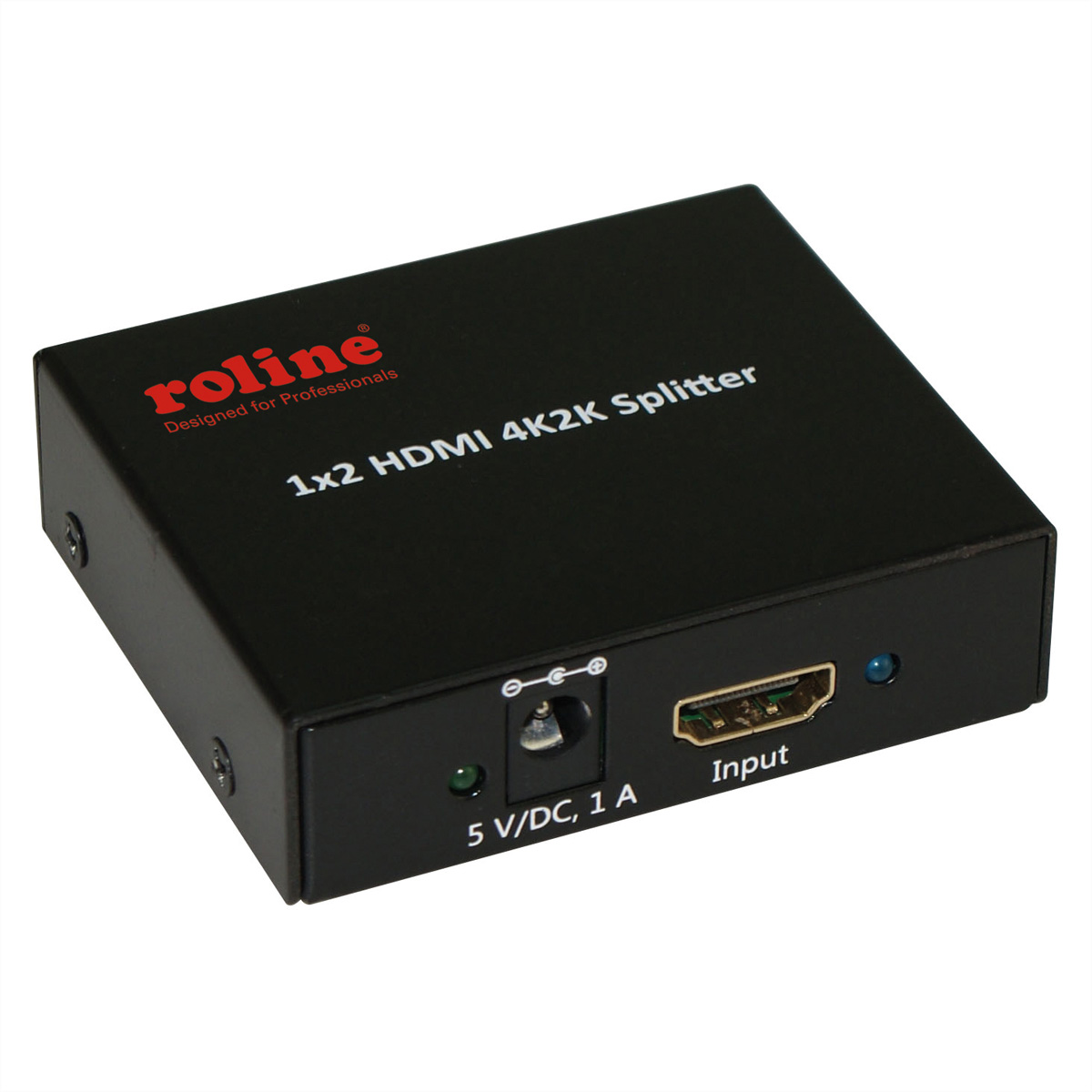 Schwarzer 1x2 HDMI 4K2K-Splitter. Er hat Eingangs- und Ausgangsanschlüsse sowie einen Stromanschluss.