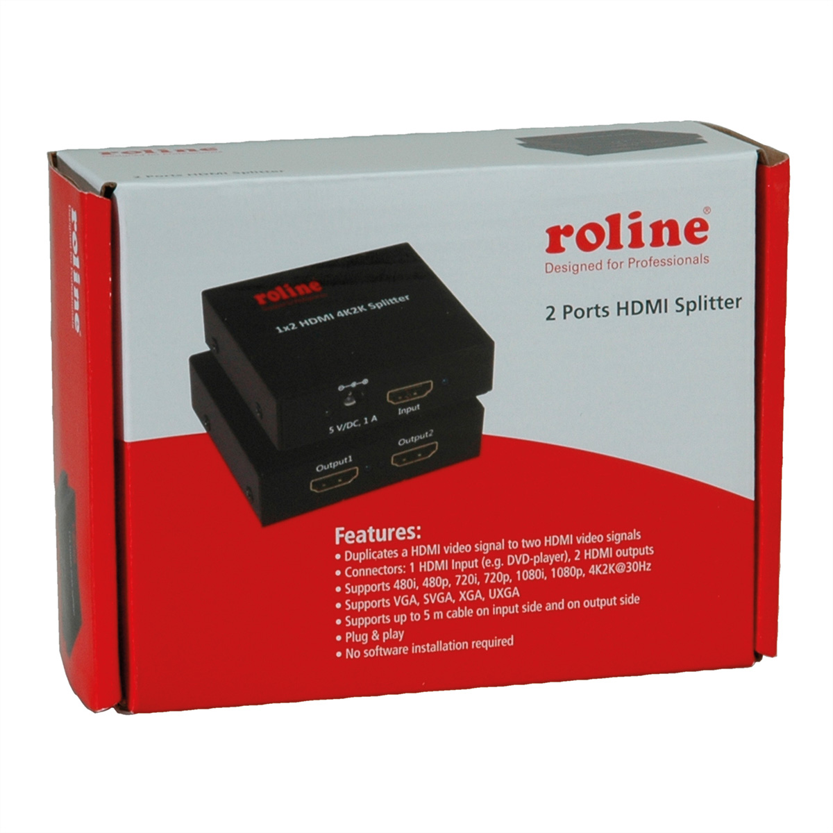 Eine rot-weiße Box mit der Aufschrift 'roline'. Es ist ein HDMI-Splitter mit Funktionen.