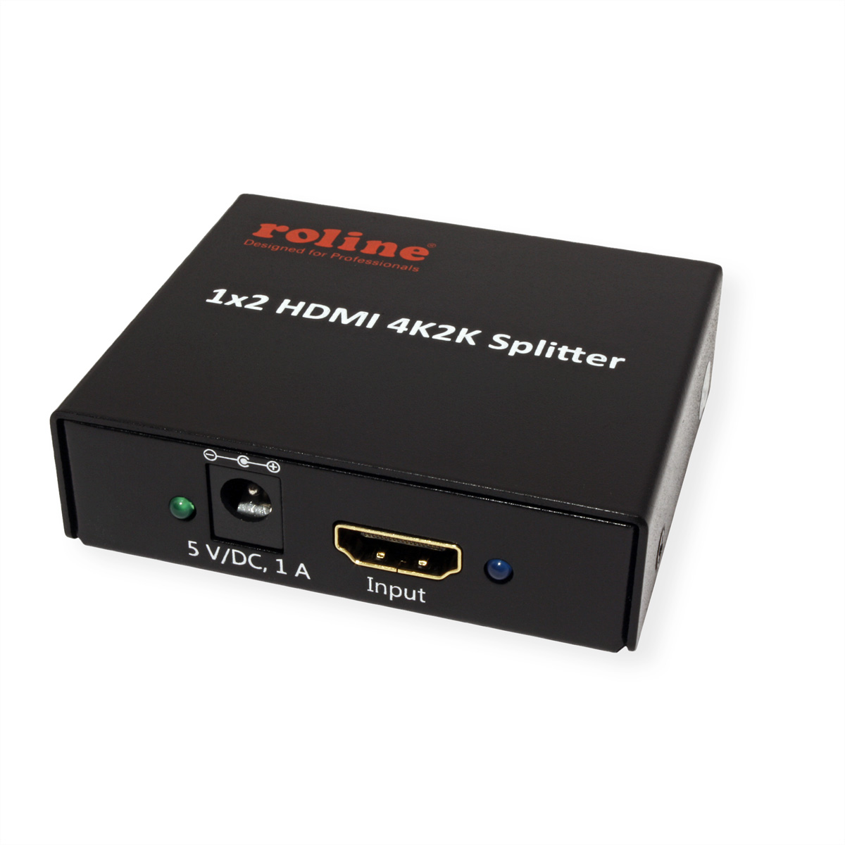 Schwarzer HDMI-Splitter mit Eingangs- und Ausgangsanschlüssen, sowie Stromeingang.