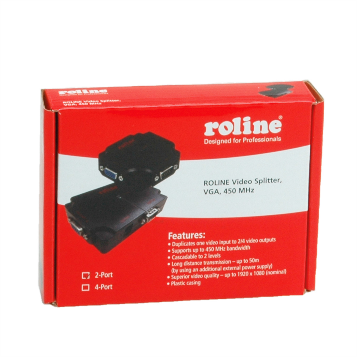 Eine rote Box mit der Aufschrift 'Roline' mit einem Videosplitter und aufgelisteten Funktionen.