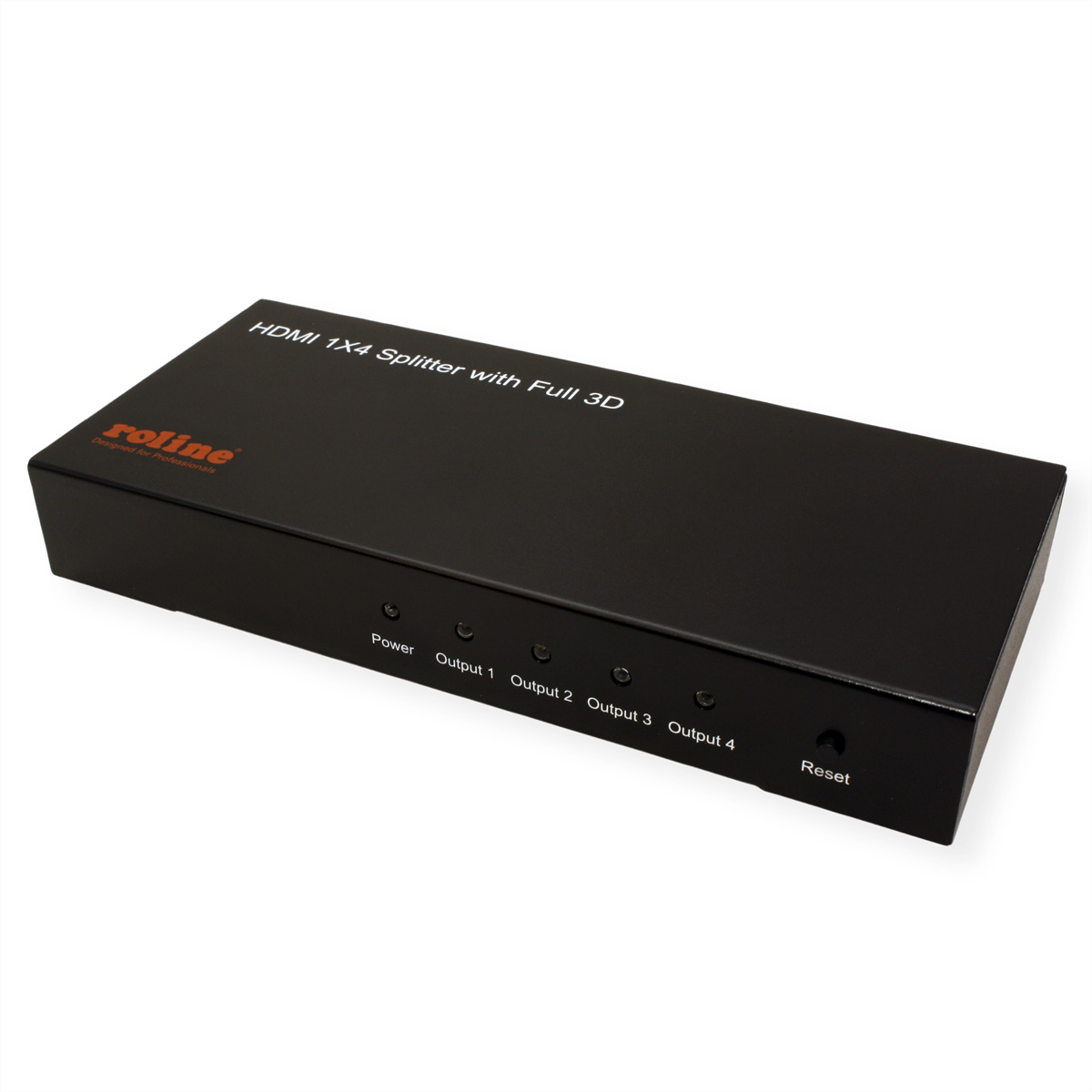 Splitter HDMI 1x4 nero con più porte di uscita e un pulsante di reset.