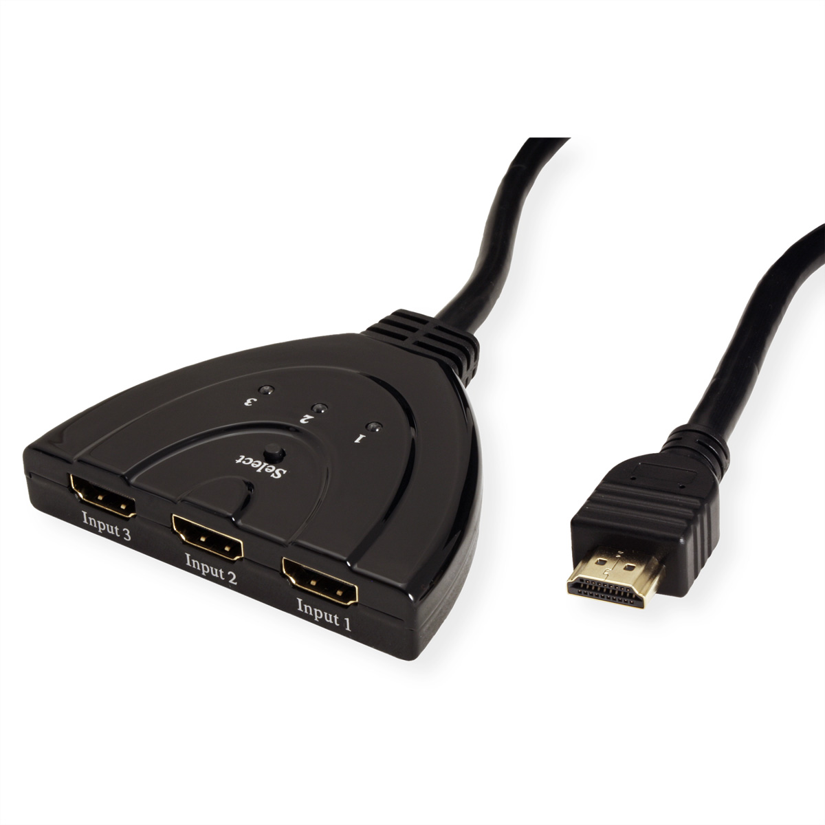 Commutateur HDMI noir avec trois ports d'entrée et un seul câble HDMI attaché.