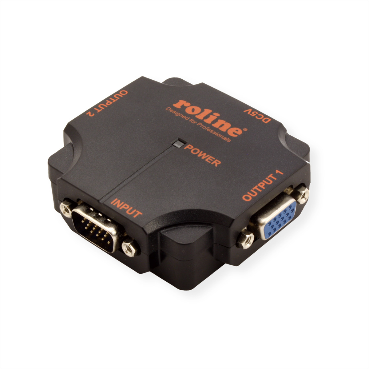Ein schwarzer VGA-Splitter mit mehreren Anschlüssen, beschriftet mit 'INPUT', 'OUTPUT 1', 'OUTPUT 2' und 'DC5V'.