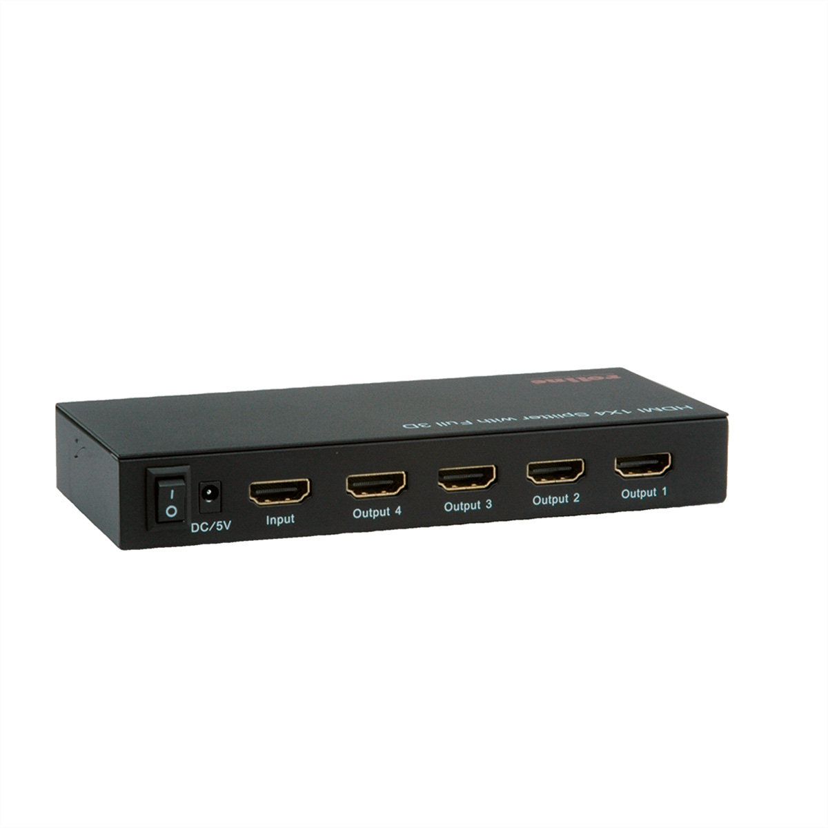 Splitter HDMI 1x4 nero con più porte di uscita. Sfondo bianco.