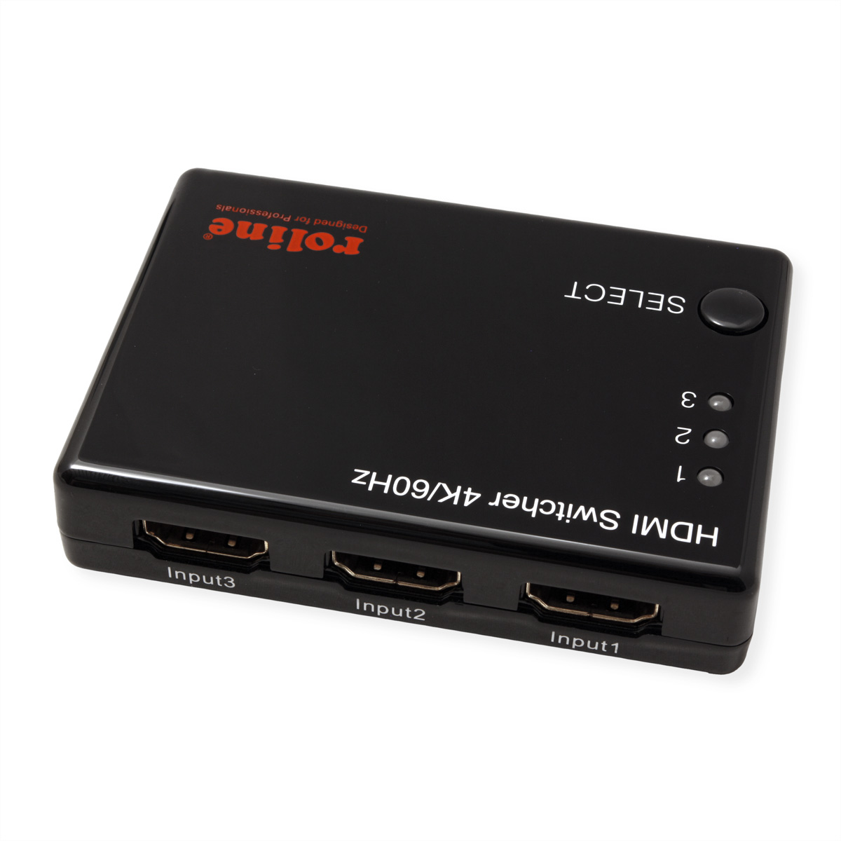 Commutateur HDMI noir avec trois ports d'entrée, un bouton de sélection et un fond blanc.