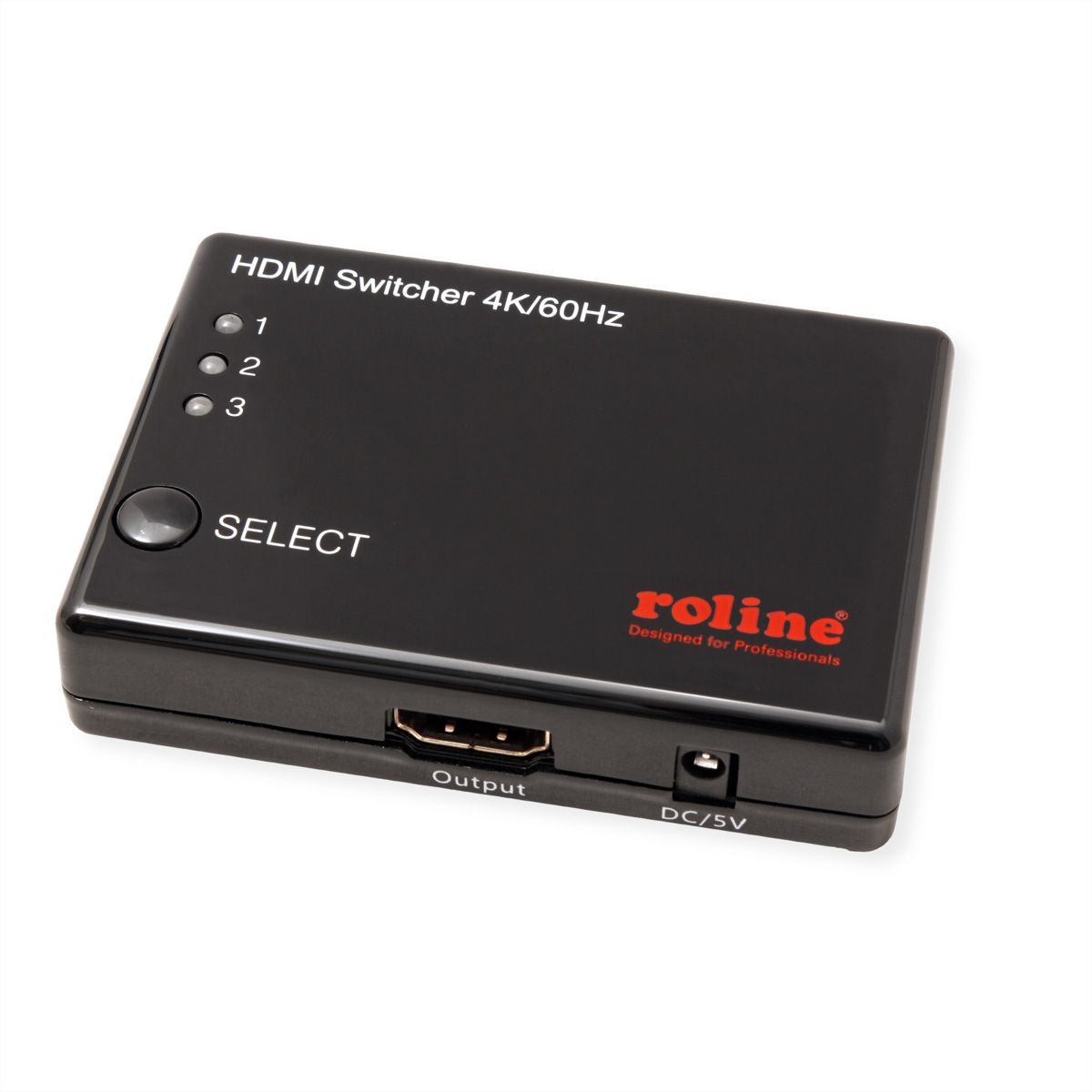 Un commutateur HDMI noir avec trois voyants d'entrée, un port de sortie et un bouton de sélection.
