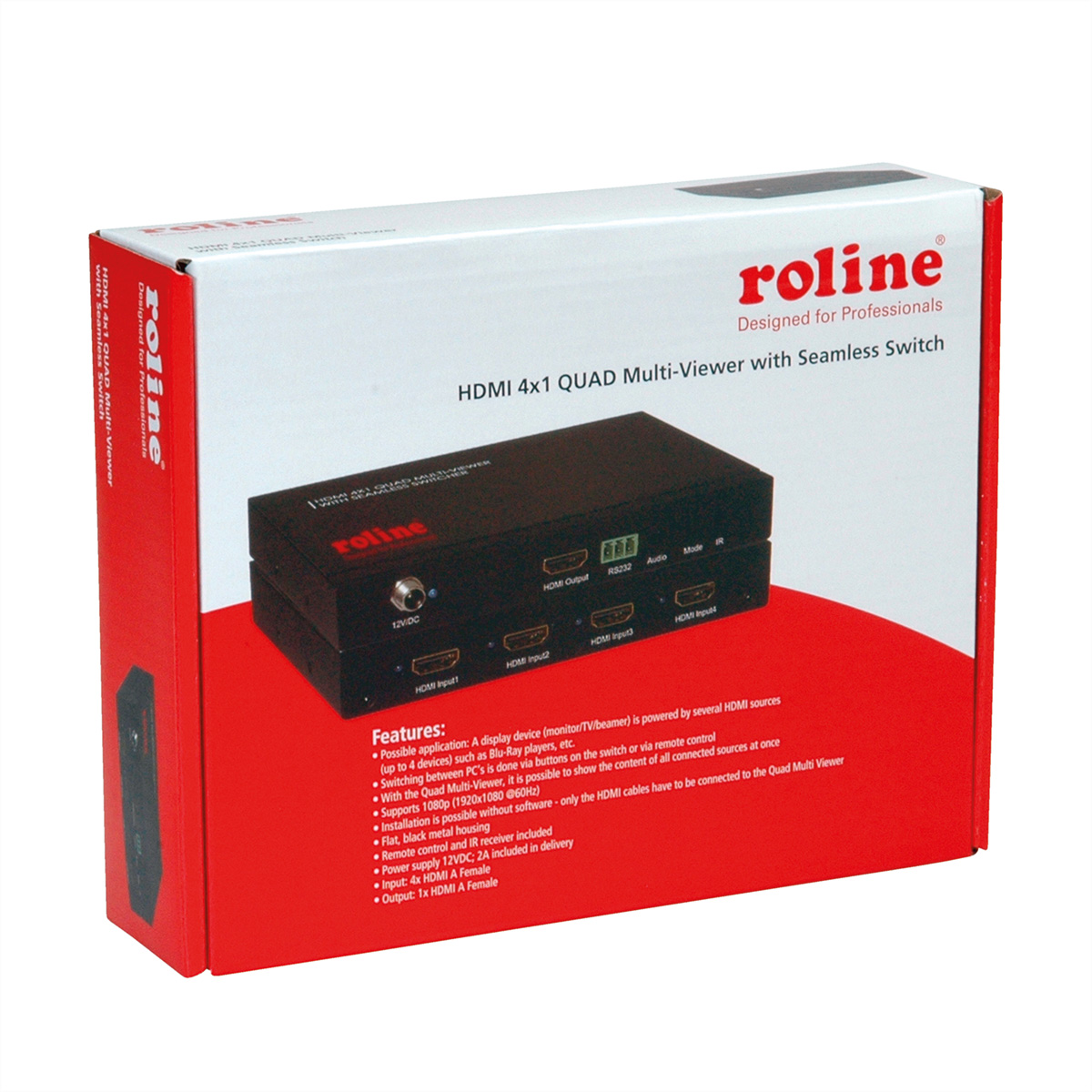 ROLINE HDMI QUAD Multi-Viewer Switch, HDMI-Video-Switch 4x1 Umschaltung nahtlose