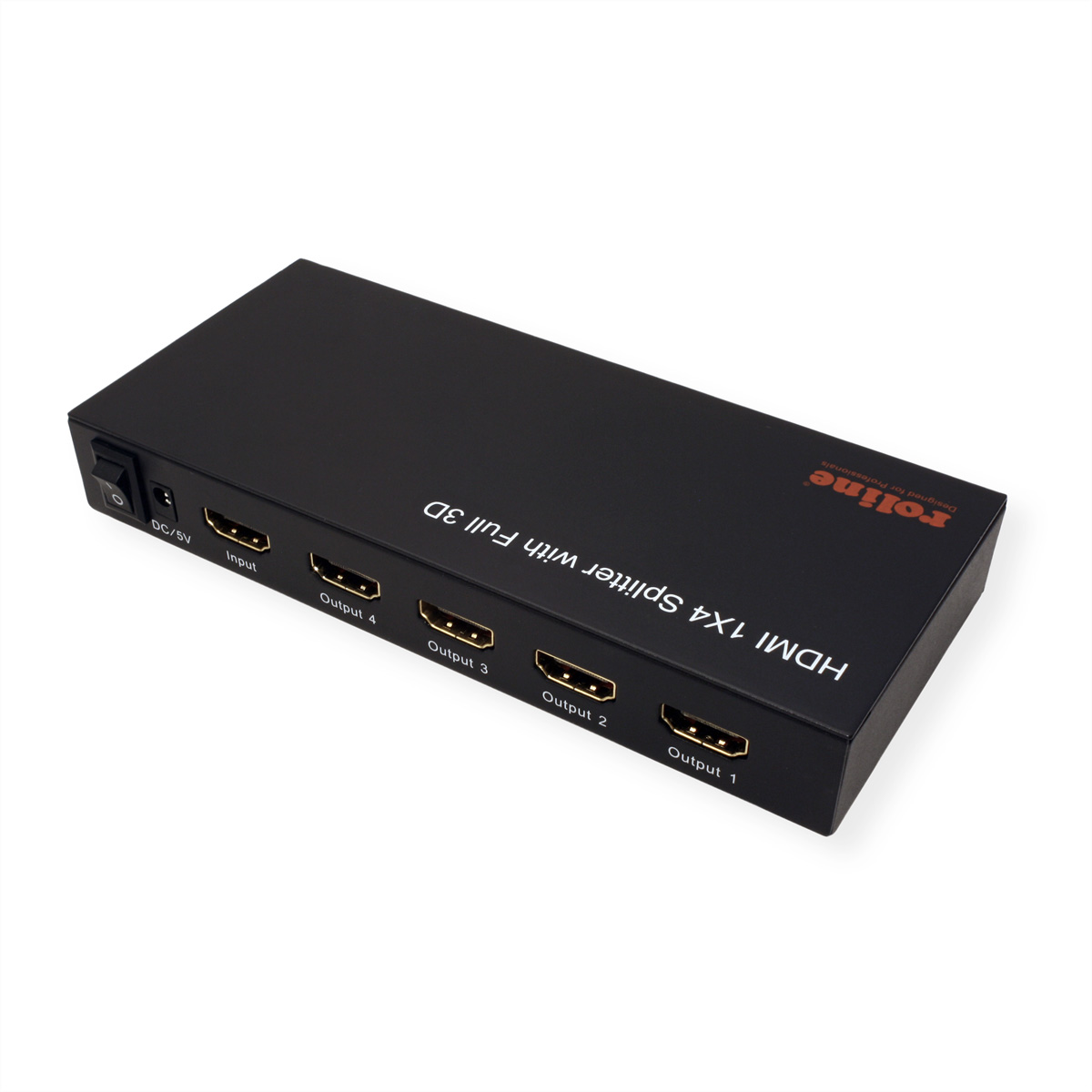 Uno splitter HDMI nero con 4 uscite. Ha ingressi, uscite e un ingresso di alimentazione. Sfondo bianco.