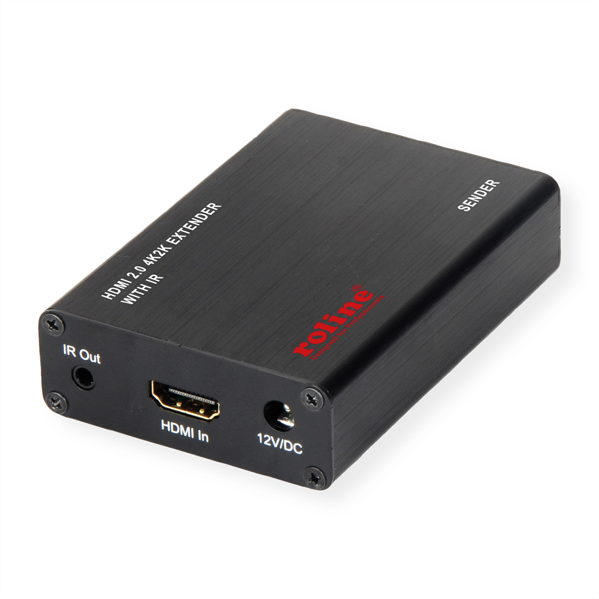 Schwarzer HDMI 2.0 4K2K Extender mit IR-Anschlüssen. Text: HDMI-Eingang, IR-Ausgang, 12VDC.