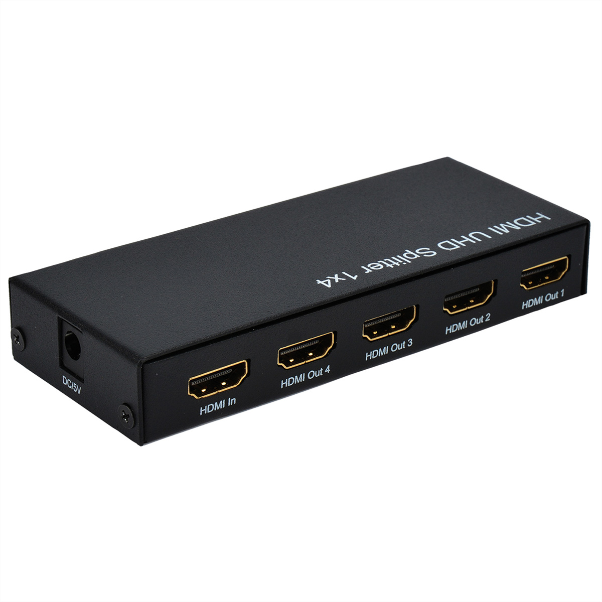 Schwarzer HDMI UHD Splitter 1x4. Anschlüsse: HDMI In, Out 1, Out 2, Out 3 und Out 4. Weißer Hintergrund.