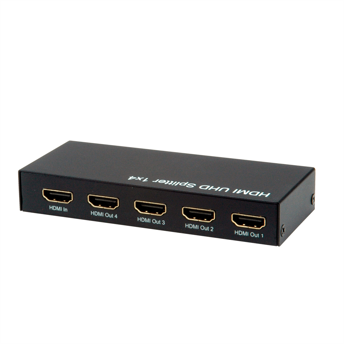 Ein schwarzer HDMI-Splitter mit 4 Ausgangsanschlüssen, beschriftet mit HDMI Out 1, 2, 3 und 4. Text: HDMI UHD Splitter 1x4.