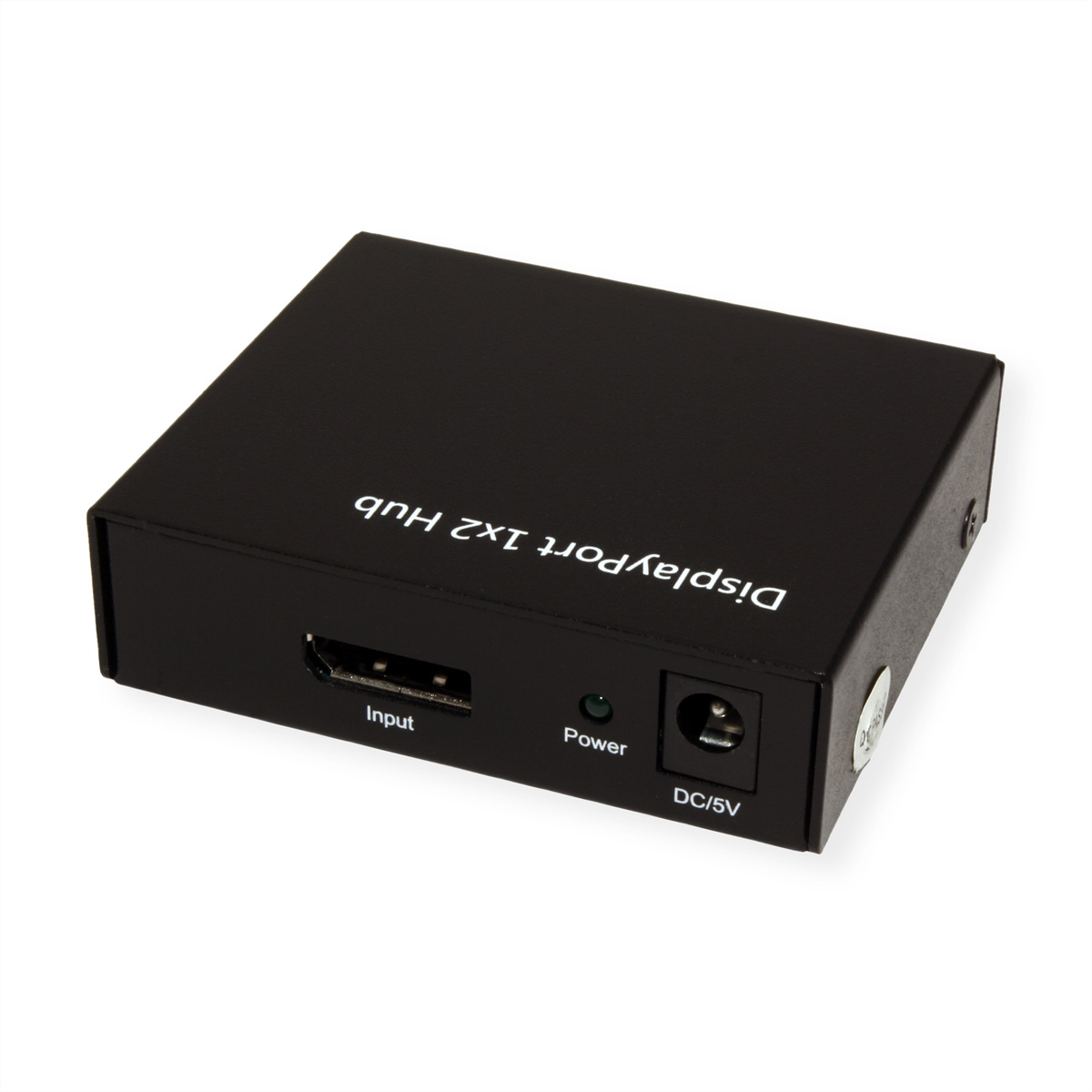 Un hub DisplayPort 1x2 noir avec ports d'entrée, d'alimentation et CC/5V sur fond blanc.