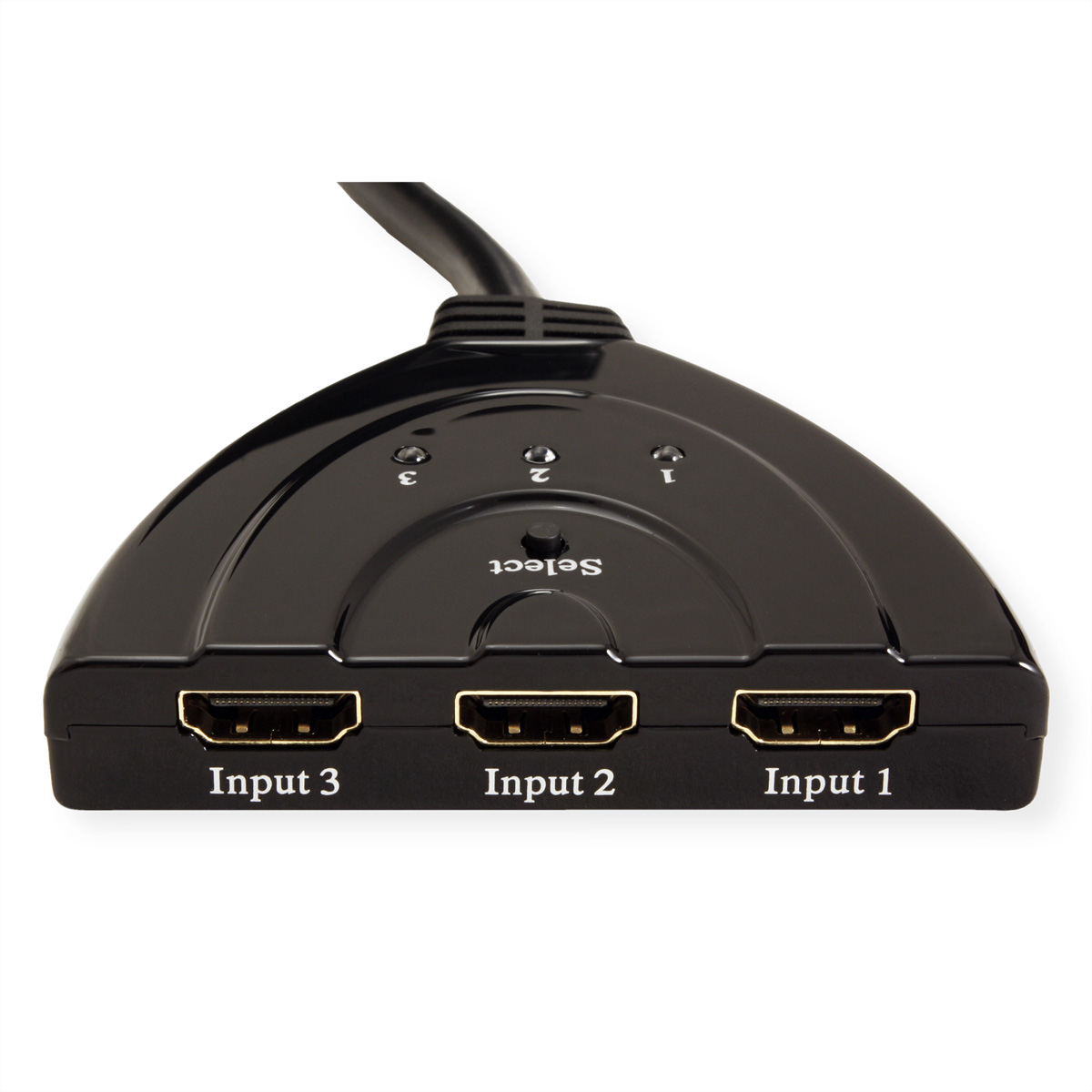 Commutateur HDMI noir avec trois entrées.