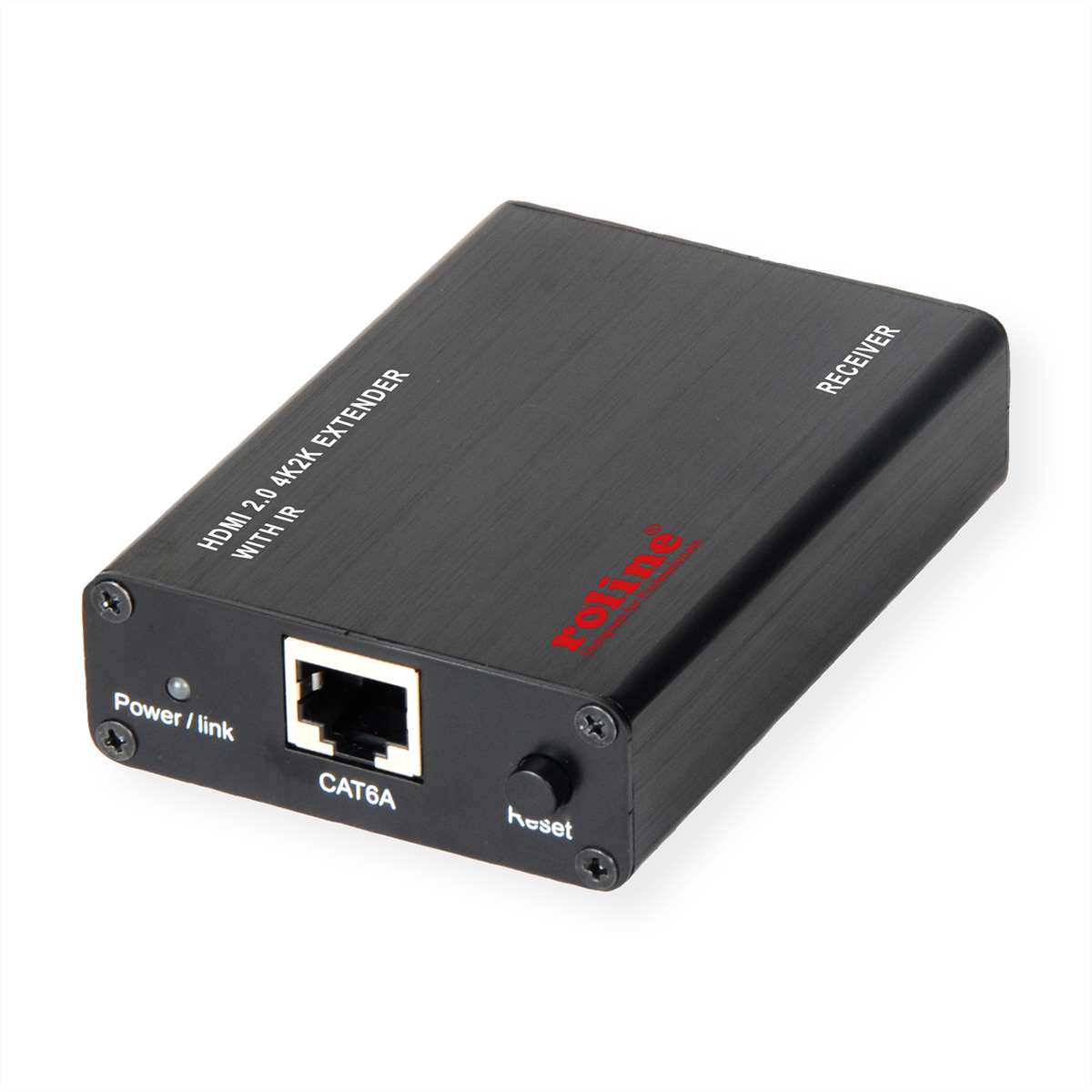 Schwarzer HDMI-Extender mit CAT6A-Anschluss und Reset-Taste. Roter Text auf der Vorderseite beschreibt das Produkt.