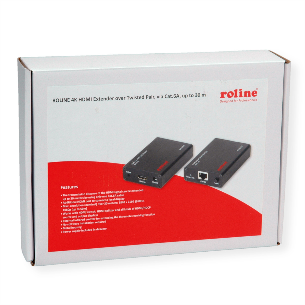 Box mit HDMI-Extender-Details, zwei schwarzen Geräten, weißer Hintergrund.