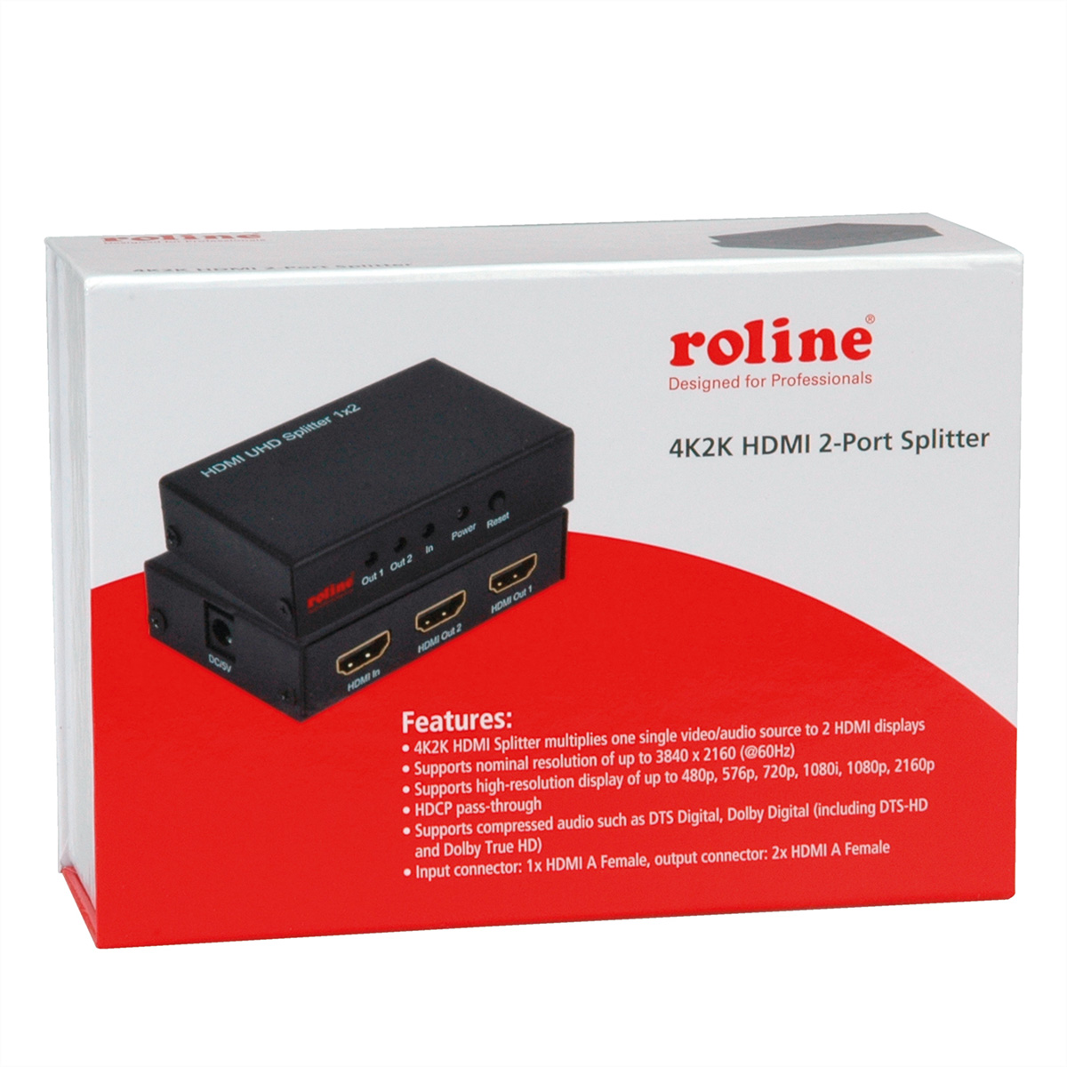 Roline 4K2K HDMI 2-poorts splitterbox met productkenmerken en details.