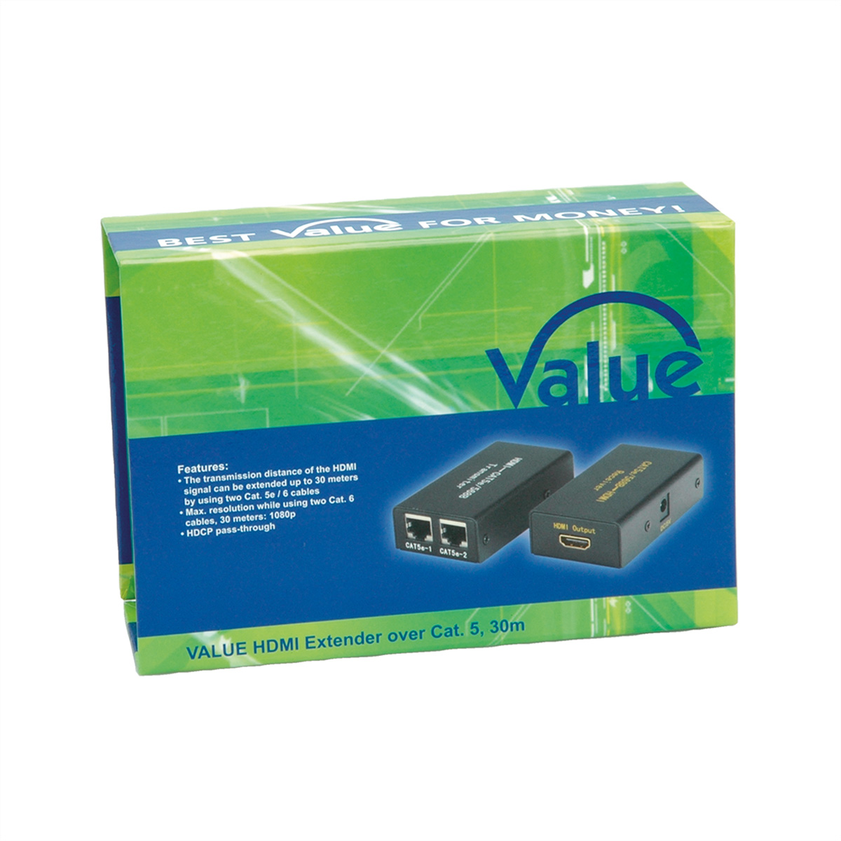 Box mit HDMI-Extender. Schwarze Geräte auf der Box. Text lautet: Best Value For Money!