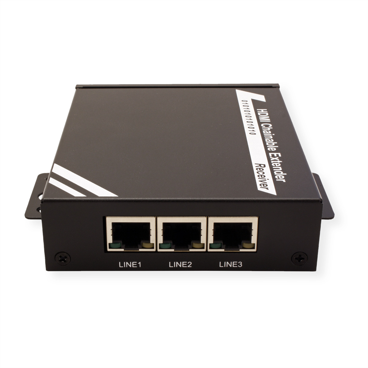 Schwarzer, verkettbarer HDMI-Extender-Empfänger mit drei Anschlüssen. Weißer Hintergrund.