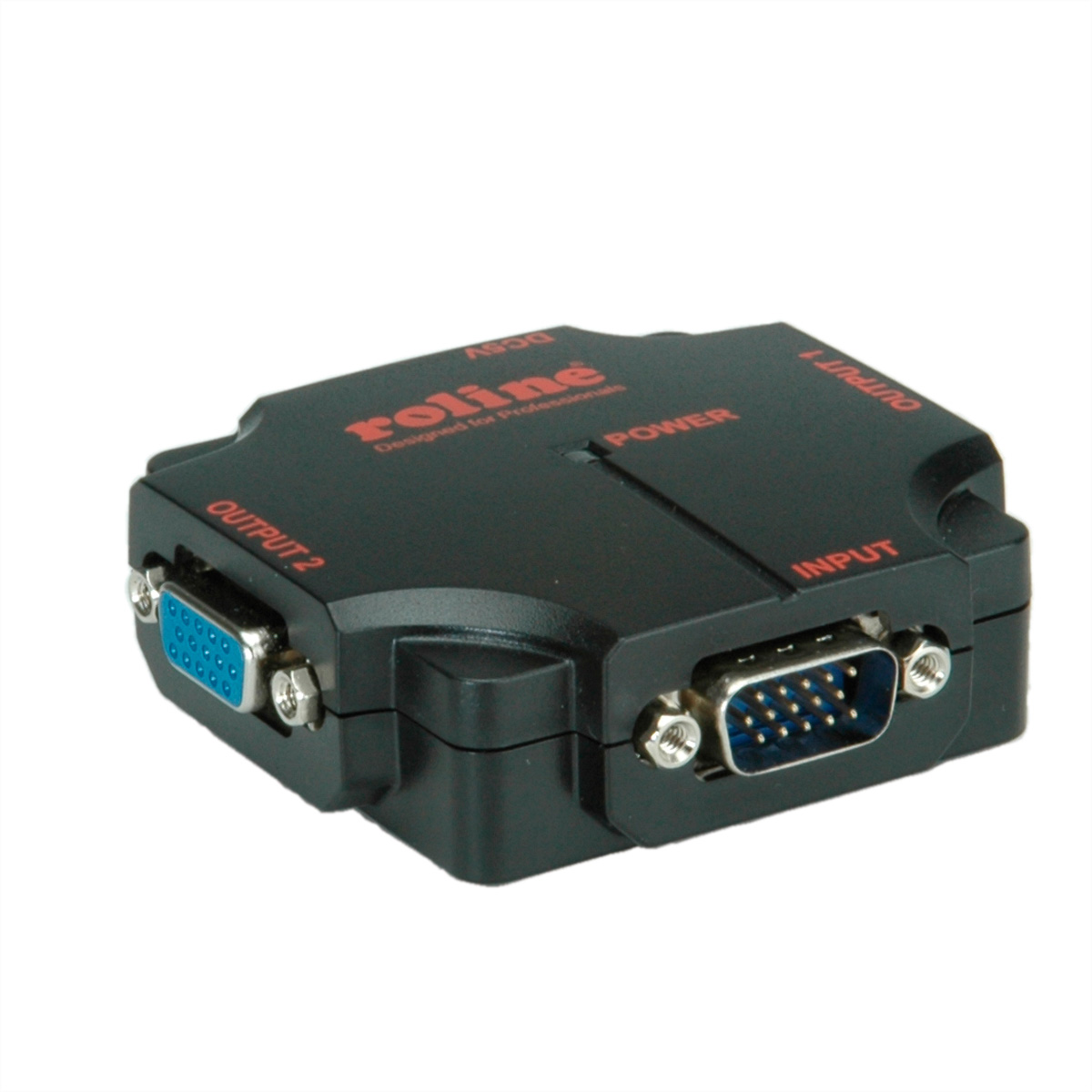 Ein schwarzer Videosplitter mit VGA-Anschlüssen, beschriftet mit INPUT, OUTPUT 1 und 2, auf Weiß.