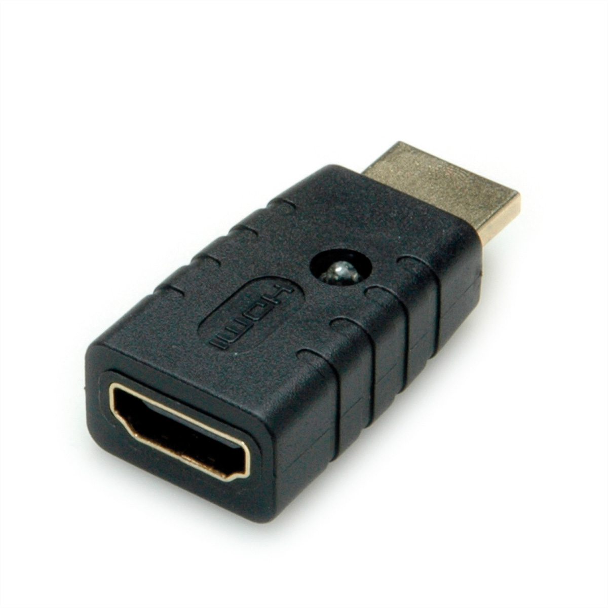 Schwarzer HDMI-Adapter-Anschluss auf weißem Hintergrund.