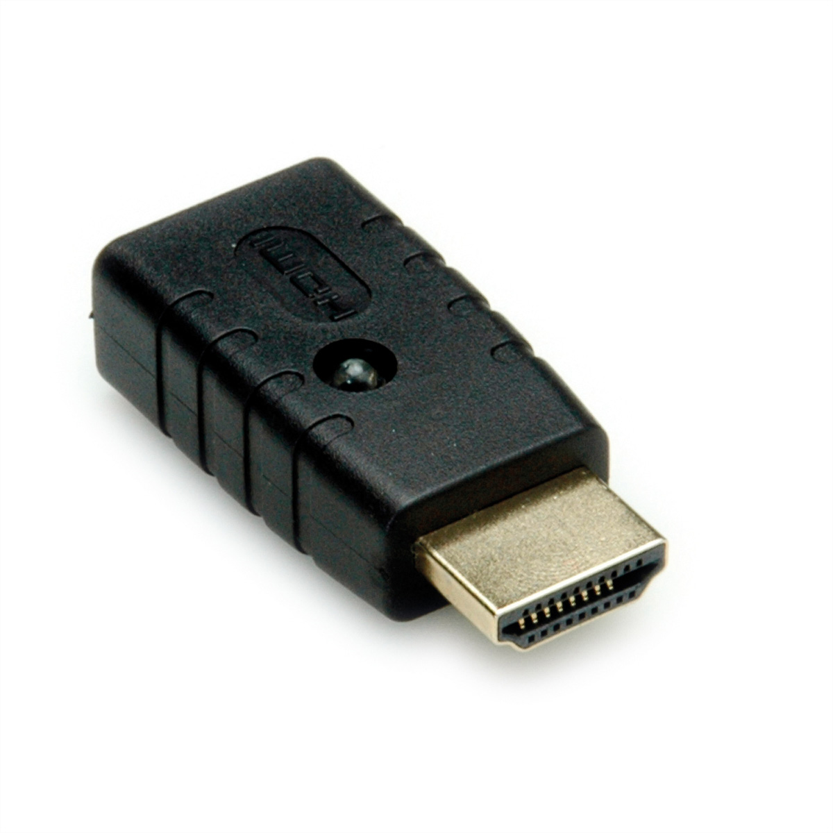 Ein schwarzer HDMI-Adapter mit Stecker auf weißem Hintergrund.