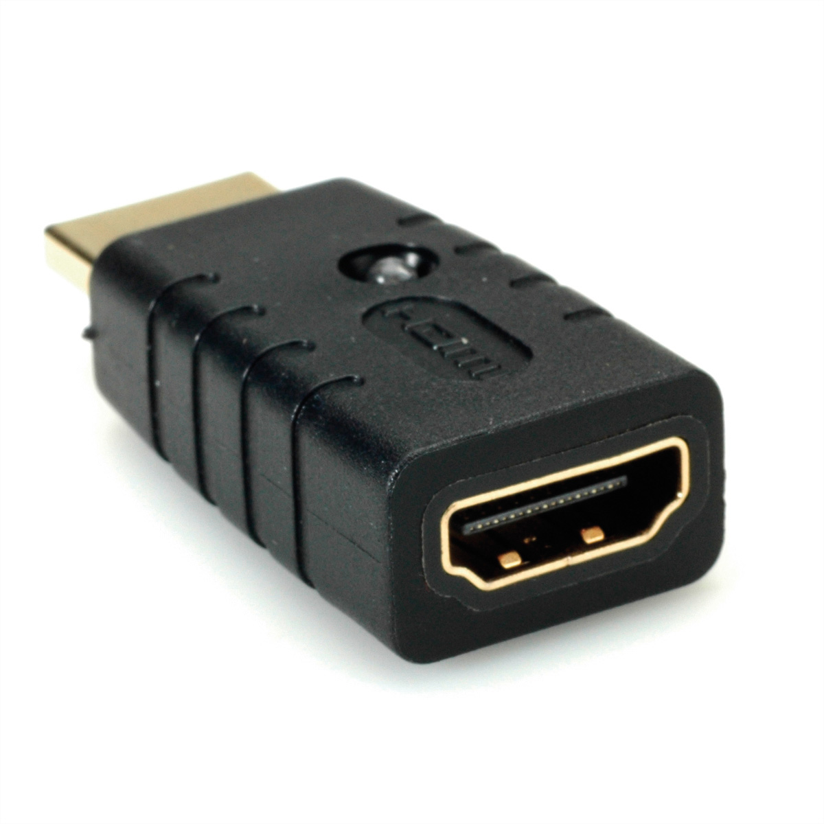 Schwarzer HDMI-Adapter, rechteckig mit goldfarbenen HDMI-Anschlüssen, auf weißem Hintergrund.