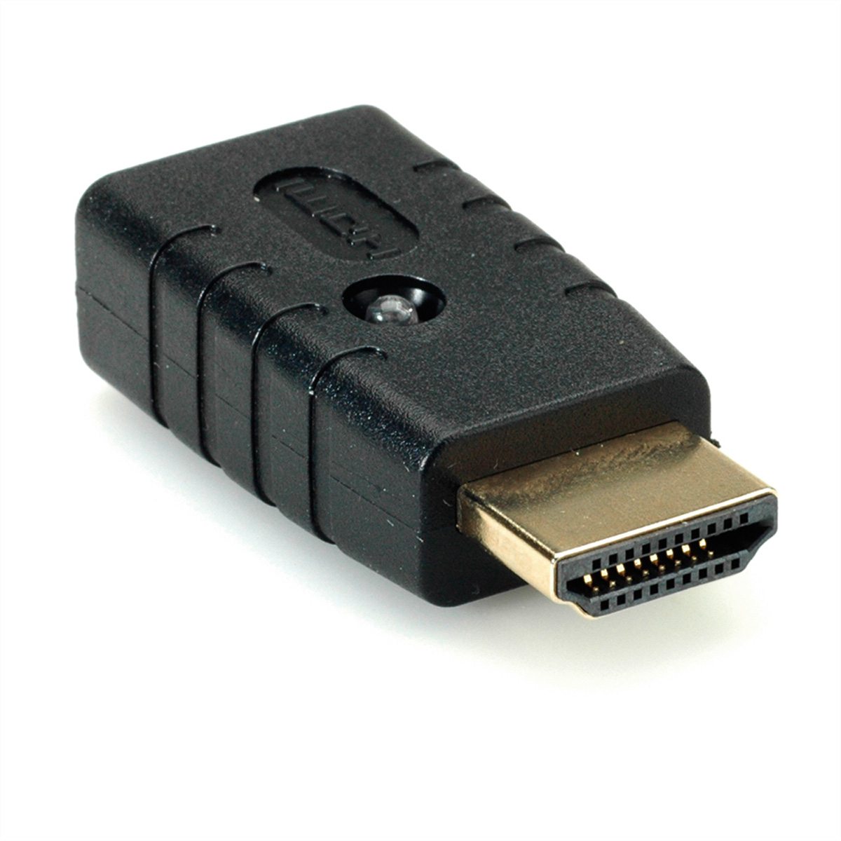 Schwarzer HDMI-Adapter mit Goldstecker. Weißer Hintergrund.